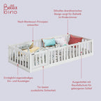 Bellabino Tapi Bett 90x200 cm, Kinderbett mit Rausfallschutz und Tür, inklusive Lattenrost, Montessori Bodenbett für Jungen und Mädchen aus Kiefer Massivholz, weiß lackiert, Bed