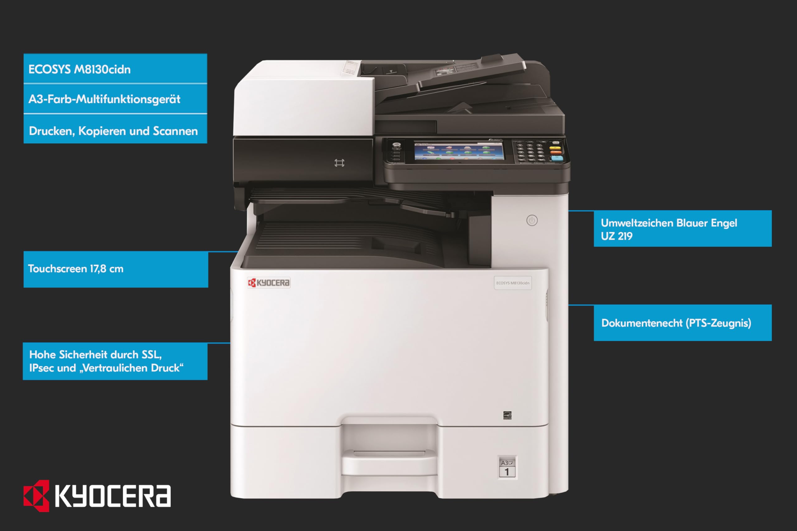 Kyocera Ecosys M8130cidn Farblaserdrucker Multifunktionsgerät mit Touchpanel: Drucker Scanner Kopierer, 30 Seiten pro Minute. Din A3 Drucker Inkl. Mobile-Print-Unterstützung.