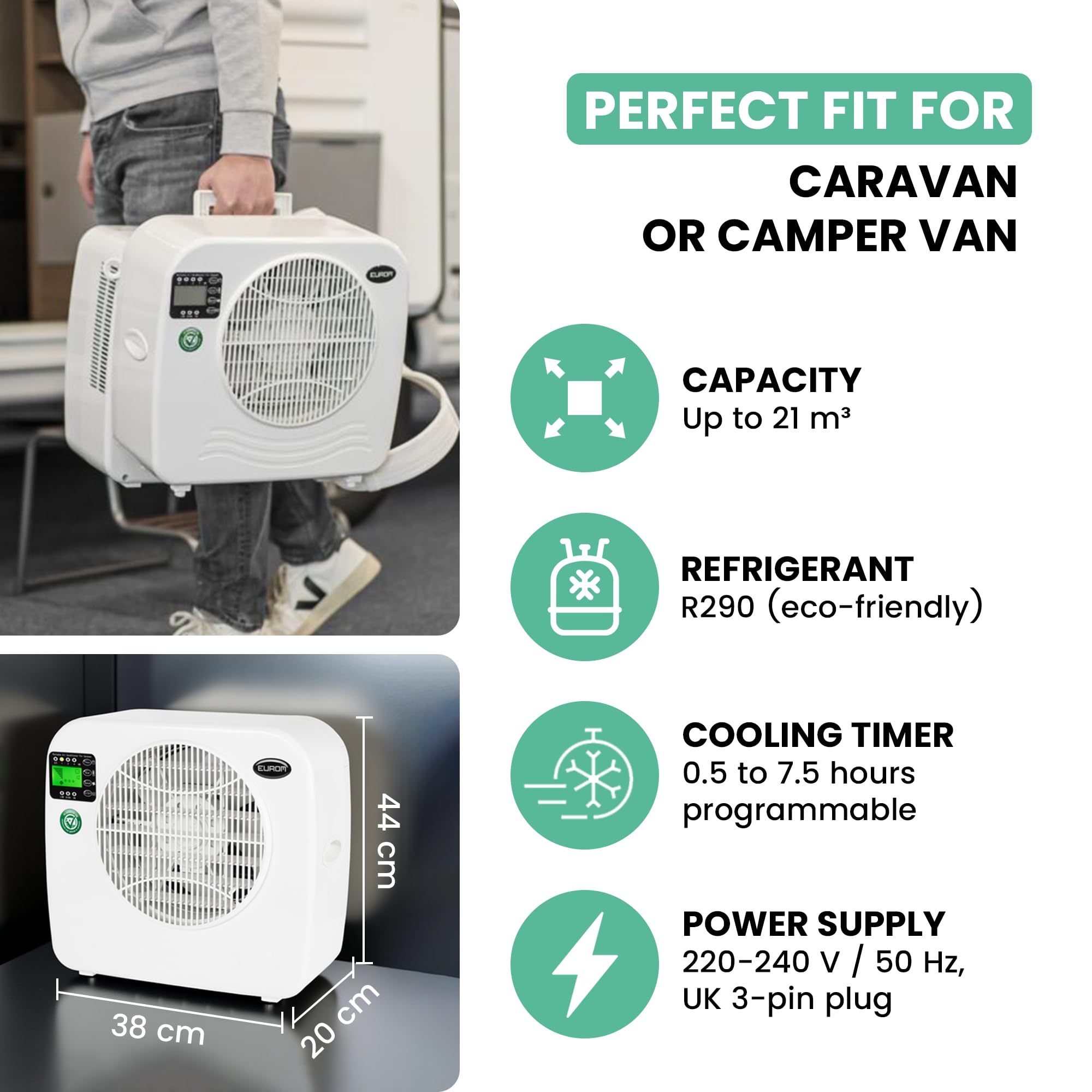 EUROM Split Klimaanlage AC2401 für Wohnwagen, Wohnmobil, Camping, Boot, Bus, Camper, Caravan, Mobilheim | Mobiles Klimagerät mit 2400 BTU | Verbessertes Modell dem legendären Klima AC2400