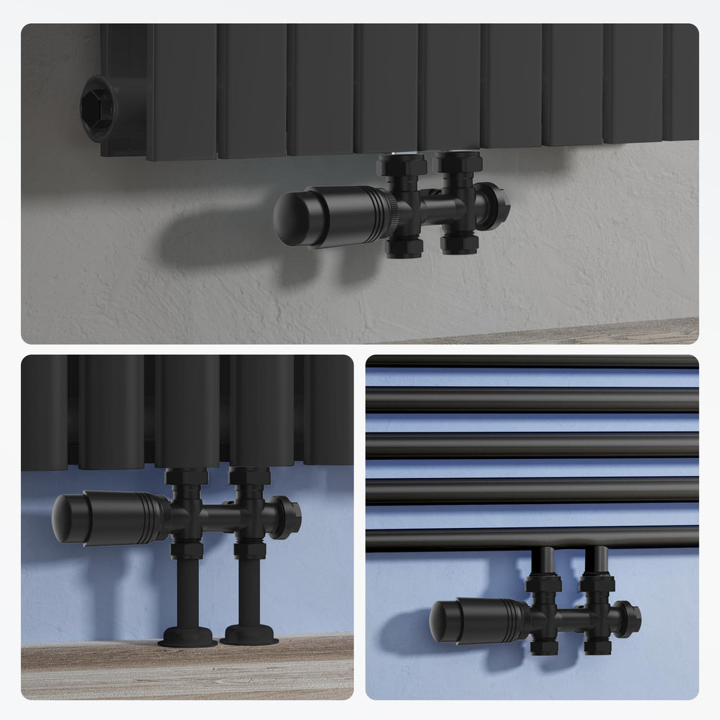 VANCOCO Multiblock mit Thermostat für Heizkörper 50mm Nabenabstand, Hahnblock, Ventil-Armaturen Set in Eck- und Durchgangsform mit Eurokonus für Ø16×2 mm Kunststoff- und Ø15mm Kupferrohre (Schwarz)