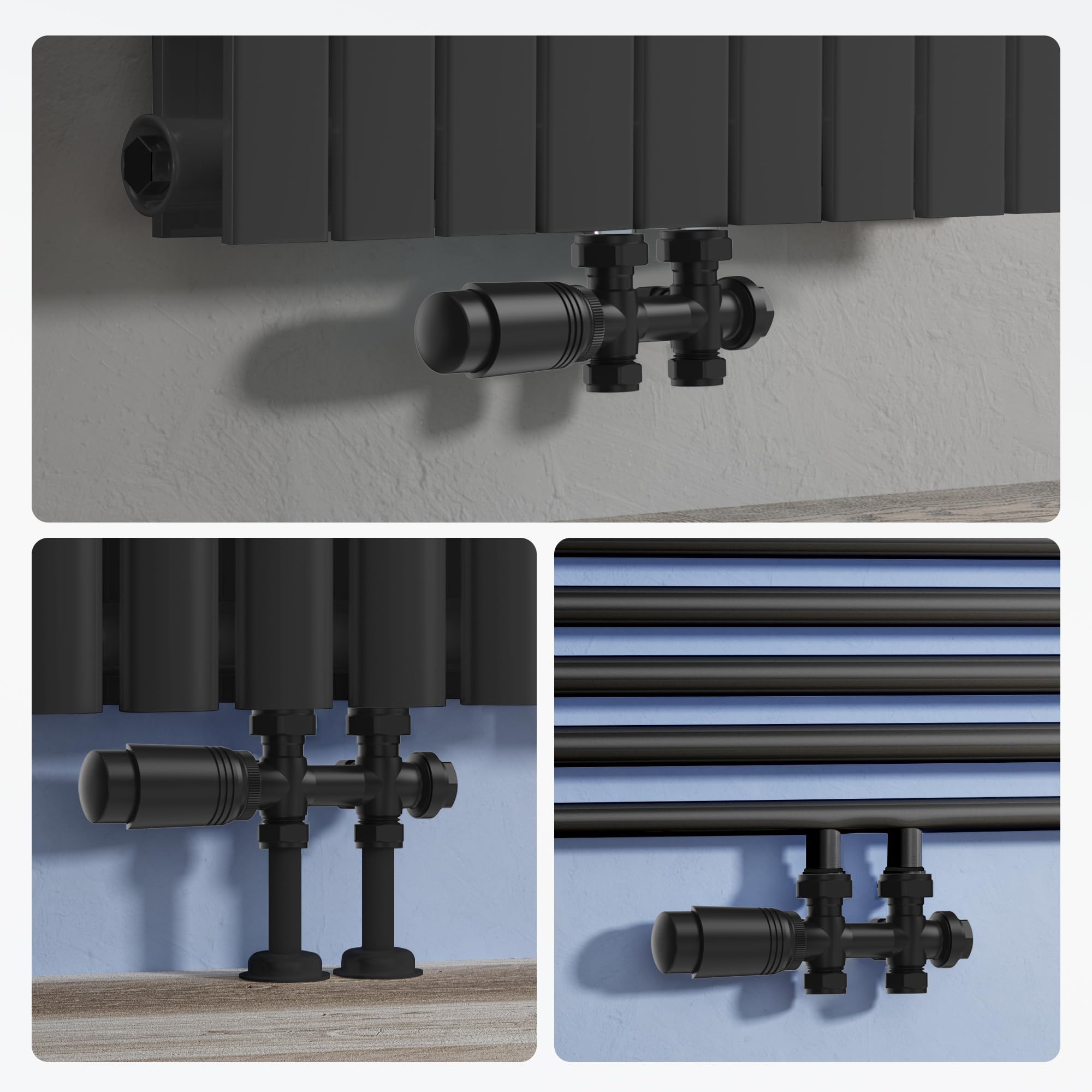 VANCOCO Multiblock mit Thermostat für Heizkörper 50mm Nabenabstand, Hahnblock, Ventil-Armaturen Set in Eck- und Durchgangsform mit Eurokonus für Ø16×2 mm Kunststoff- und Ø15mm Kupferrohre (Schwarz)