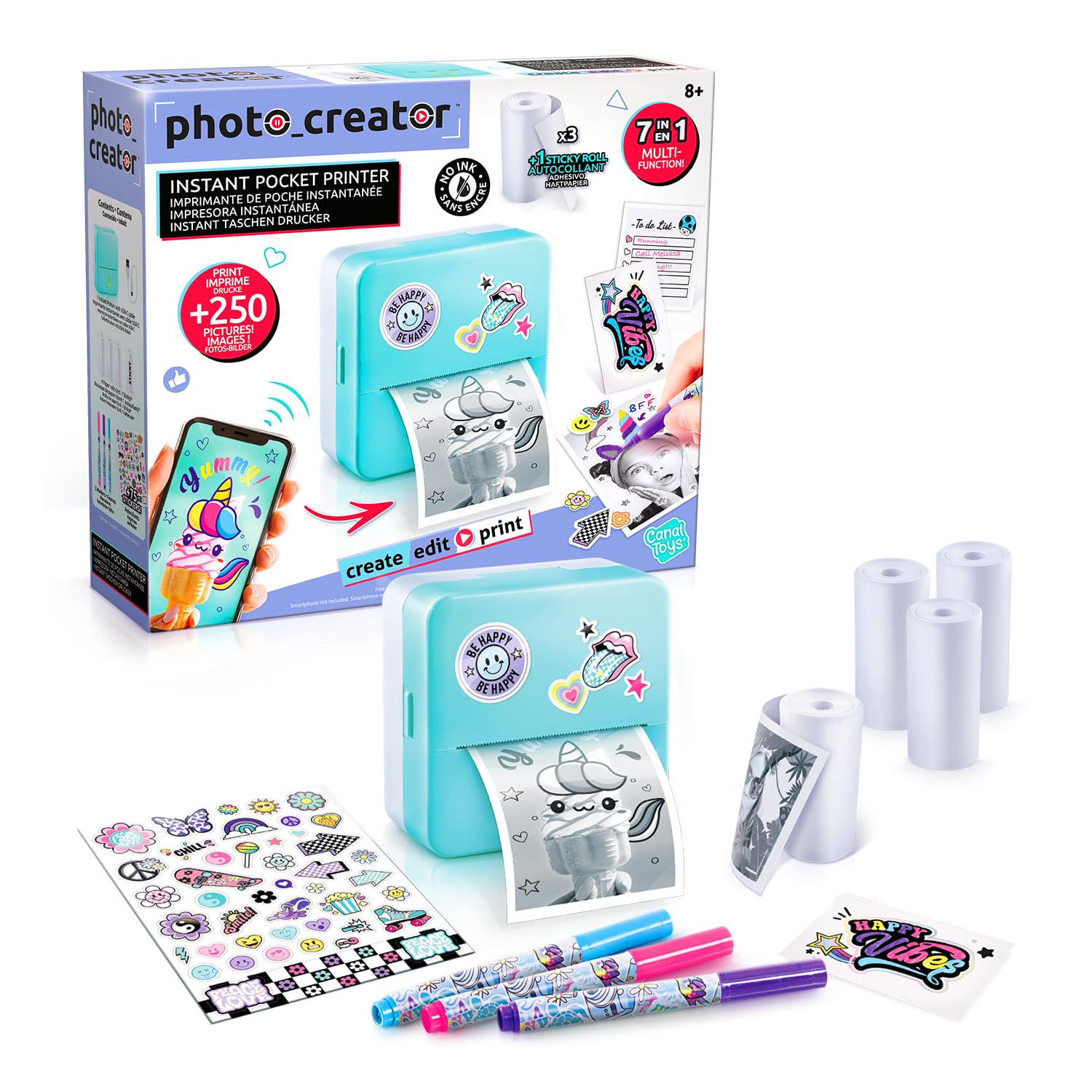 Canal Toys – Photo Creator – Taschenfotodrucker | 7-in-1 über App – Thermodruck – 4 Rollen (Davon 1 selbstklebend) – USB-C – BPA-freies Papier – +250 Bilder – Kreatives Hobby – CLK 017
