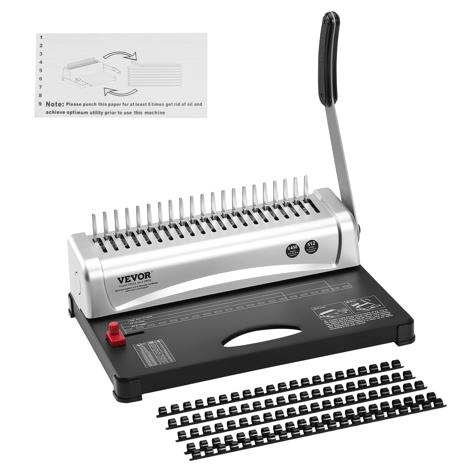 VEVOR Bindemaschine, Kammbindemaschine 21-Loch-Bindung 450 Blatt, Buchbindemaschine mit 100 Stück 3/8 Zoll Kammbinderücken, für Briefgröße, A4, A5