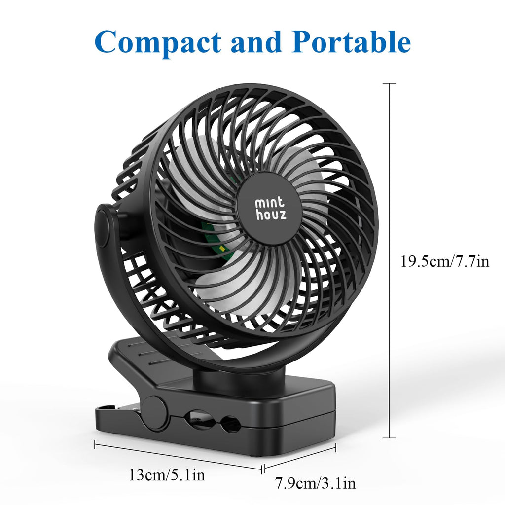 Minthouz USB Tischventilator leise mit 12000mAh Ventilator Akku – Tragbarer Clip-Ventilator mit Fernbedienung, Licht, Timer, 360° drehbar, 3 Stufen, 45 Std. Laufzeit – für Camping, Büro, Kinderwagen