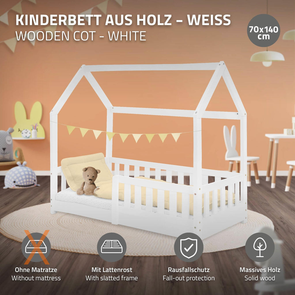 ML-Design Kinderbett 70x140 cm mit Rausfallschutz, Dach und Lattenrost, Weiß, Massivholz Kinder Bett, Hausbett für Mädchen/Jungen, Bettenhaus aus massivem Kiefernholz, Bodenbett Jugendbett Kinderhaus