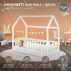 ML-Design Kinderbett 70x140 cm mit Rausfallschutz, Dach und Lattenrost, Weiß, Massivholz Kinder Bett, Hausbett für Mädchen/Jungen, Bettenhaus aus massivem Kiefernholz, Bodenbett Jugendbett Kinderhaus