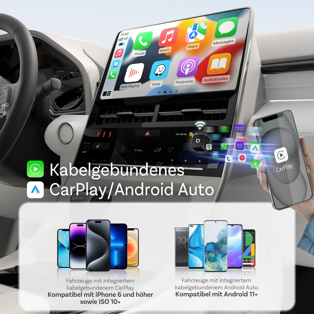 OTTOCAST Mini Pot 2026 Upgraded, 2-in-1 CarPlay & Android Auto Wireless Adapter für iOS 10+/Android 11+, Plug & Play, USB/Typ-C, OTA-Upgrade, Konvertiert Kabelgebunden zu Kabellos um, Schwarz