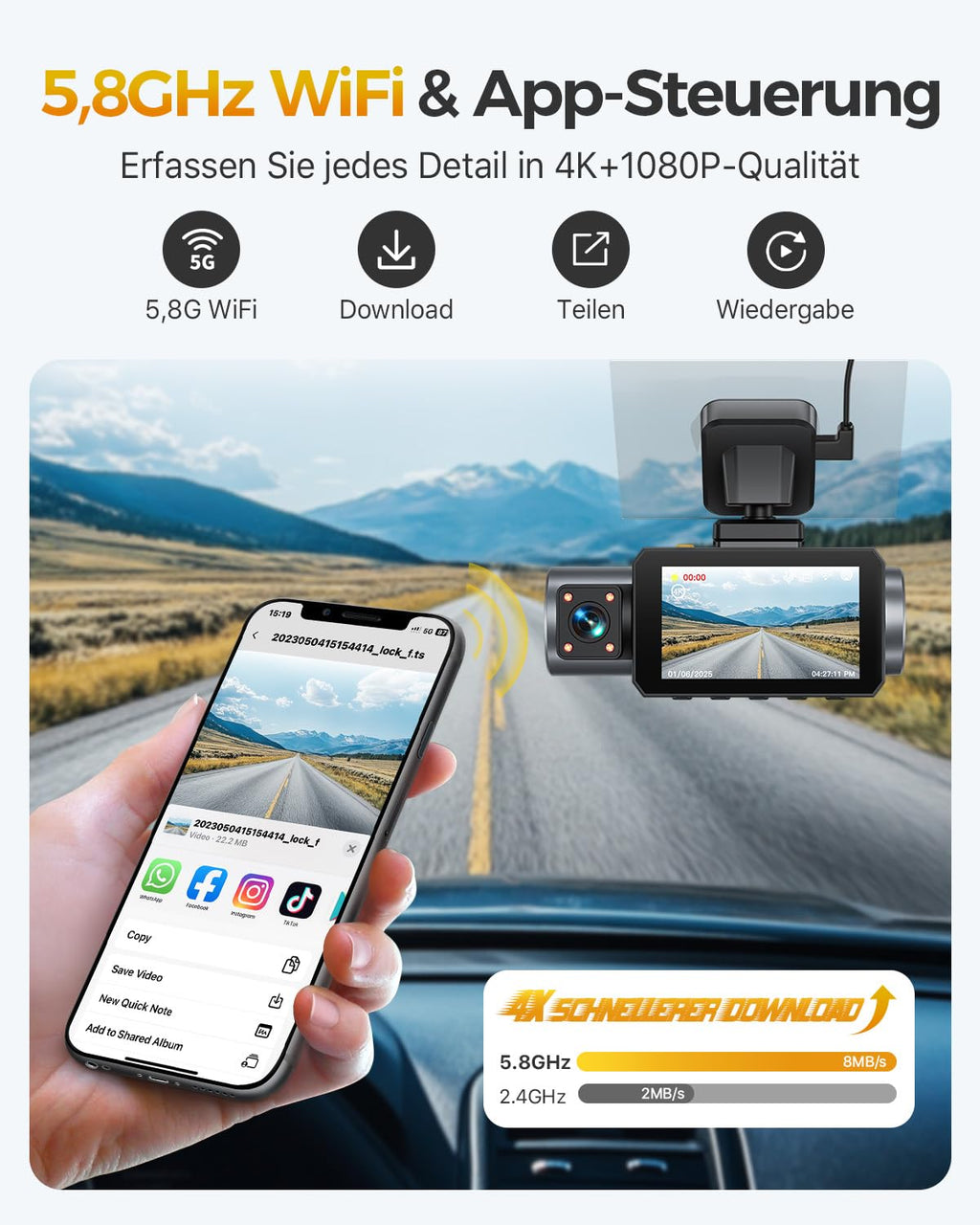 GKU 3-Kanal-Dashcam, 4K+1080P+1080P Dashcam Auto Vorne Innen Hinten mit 64GB SD Karte, GPS 5GHz WiFi, 3" IPS-Bildschirm, Super Nachtsicht,WDR,G-Sensor,Loop-Aufnahme,Parküberwachung,Max512GB