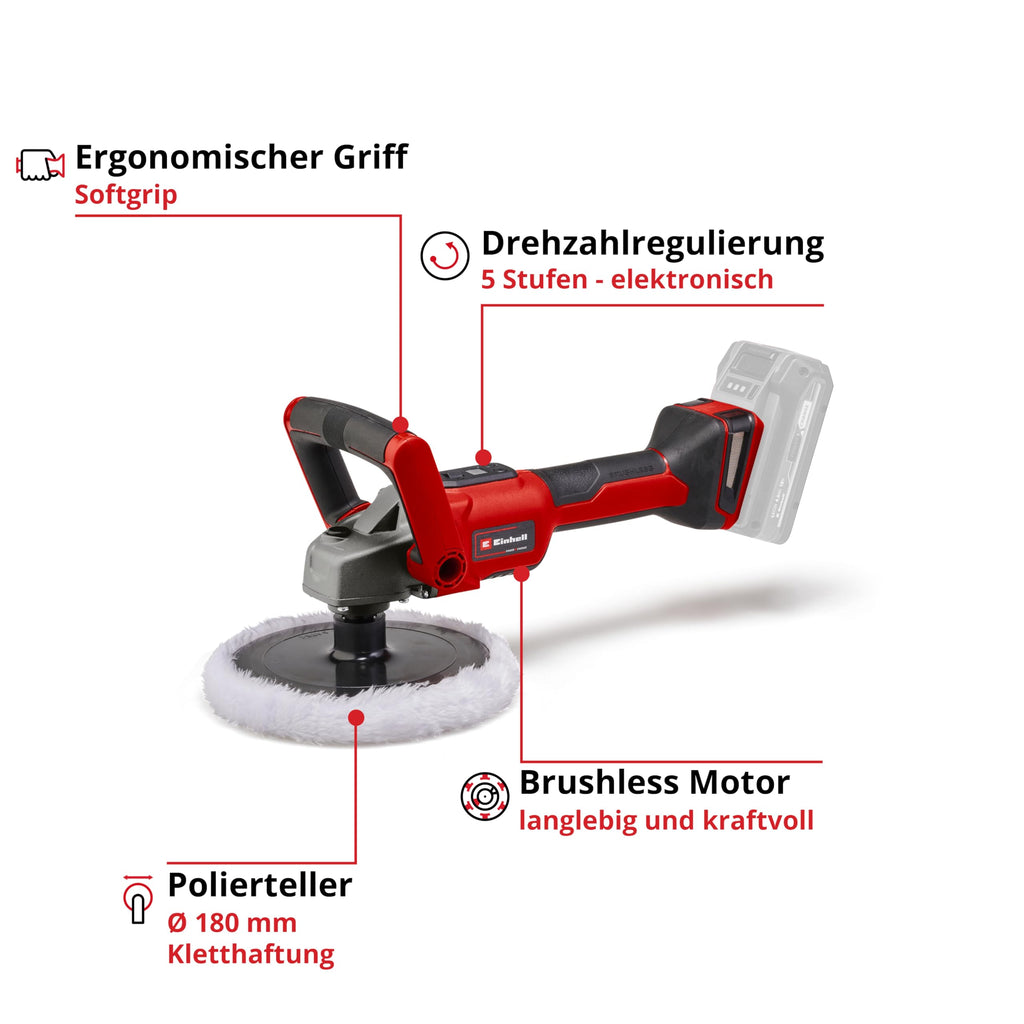 Einhell Akku-Polier- / Schleifmaschine CE-CP 18/180 Li E-Solo Power X-Change (Lithium-Ionen, bürstenloser Elektro-Motor, elektr. Drehzahlregulierung, ohne Akku und Ladegerät)