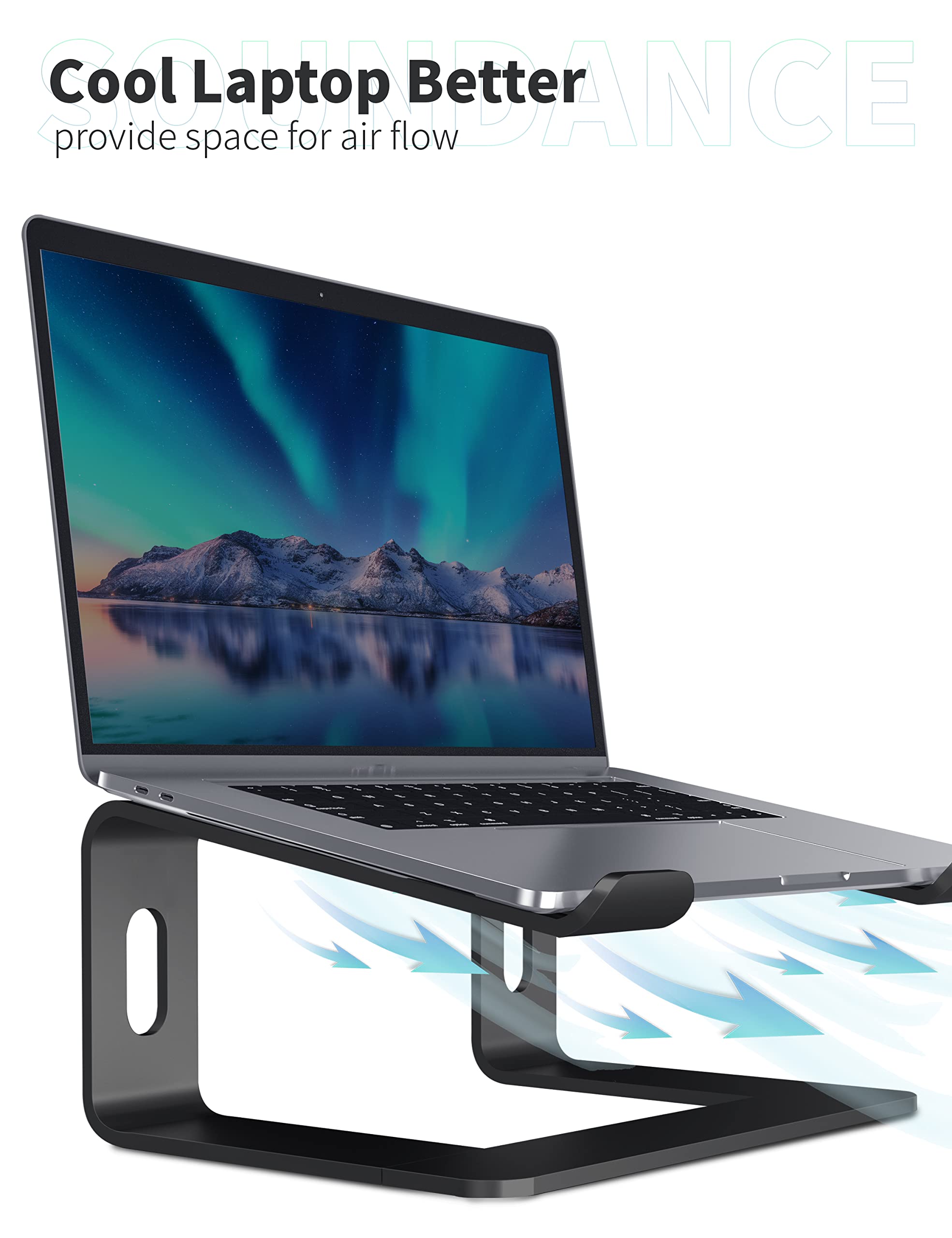 SOUNDANCE Laptop-Ständer, Aluminium-Computer-Erhöhung, ergonomischer Laptop-Ständer für den Schreibtisch, Metall-Halterung, kompatibel mit 10 bis 15,6 Zoll Notebook-Computern, Schwarz