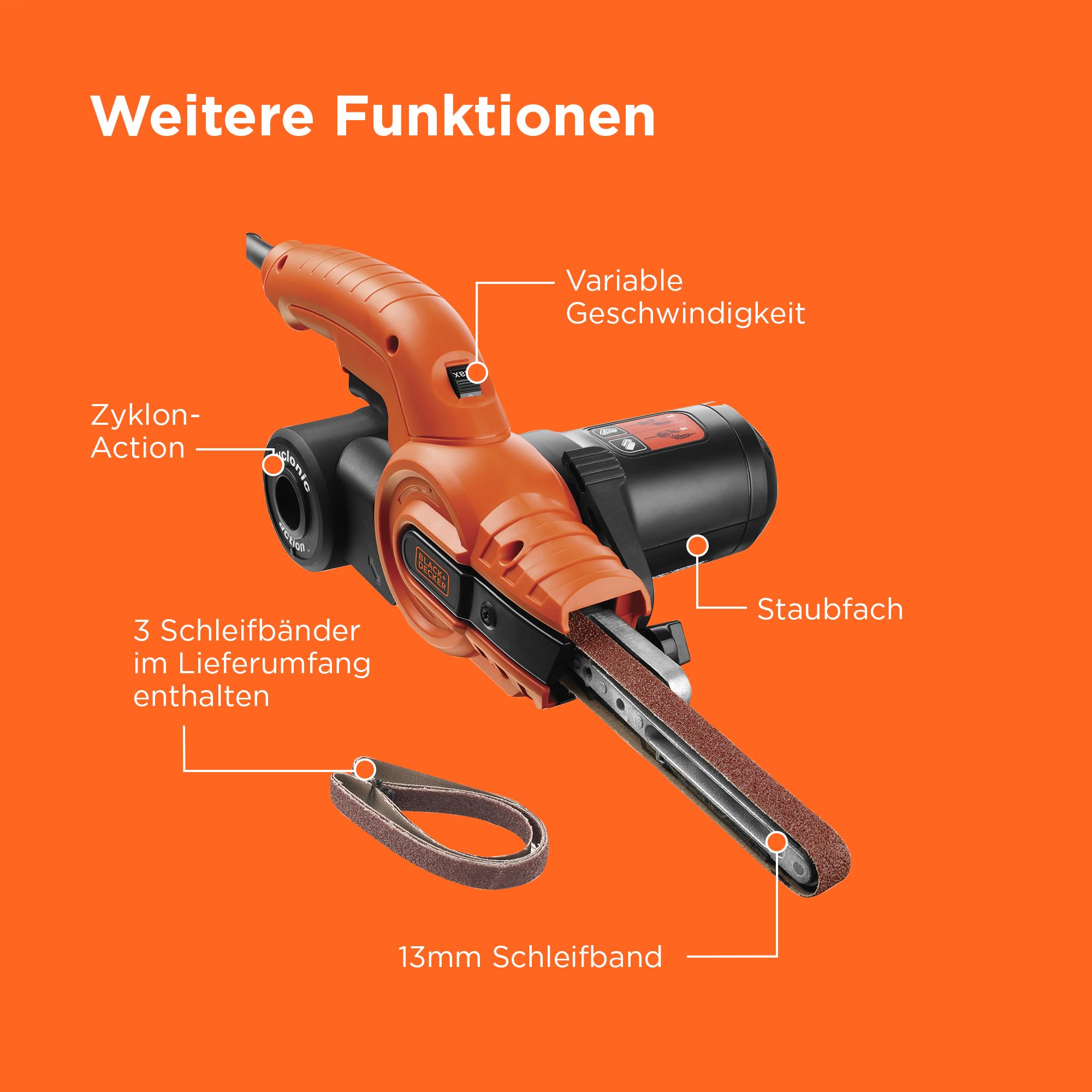 BLACK+DECKER 350W, 13mm Feilenschleifer mit 3 Schleifbändern & Staubsammelsystem, KA900E-QS