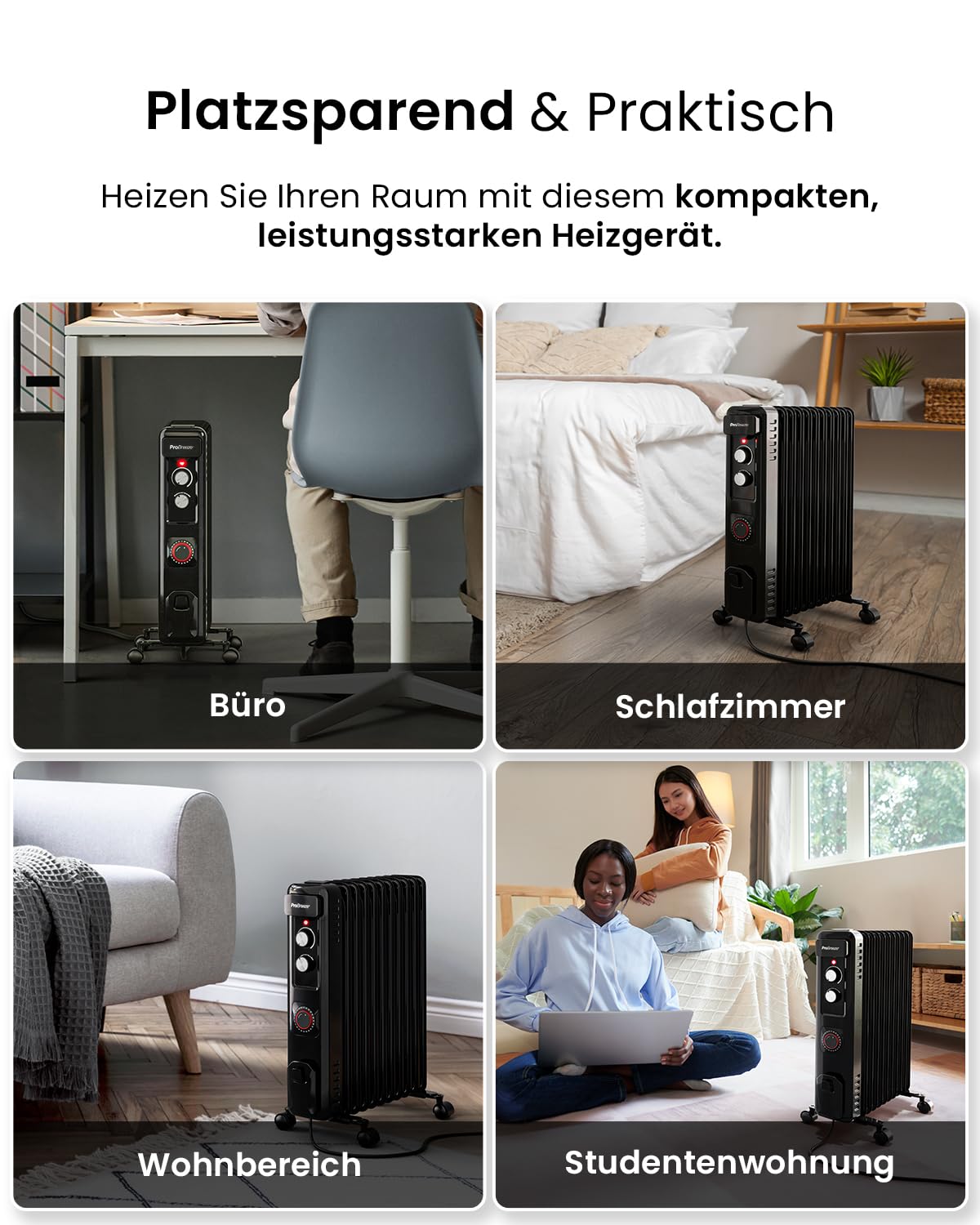 Pro Breeze 2500W Ölradiator mit 11 Heizrippen, Elektrischer Heizkörper, 24h Timer, Ölradiator energiesparend, 3 Heizstufen, Einstellbares Thermostat & Sicherheitsabschaltfunktion - schwarz