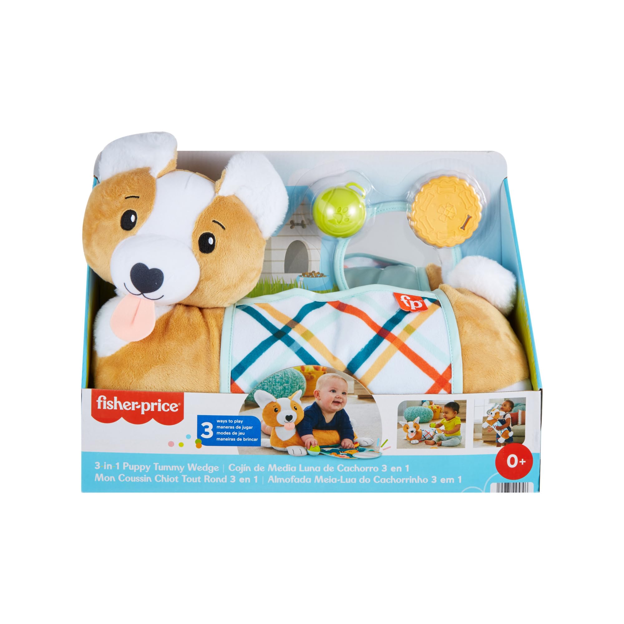 Fisher-Price Baby-Spielzeug zum Spielen in der Bauchlage, 3-in-1 Hündchen Spielkissen mit BPA-freiem Beißring, Rassel und Spiegel-Spielzeug