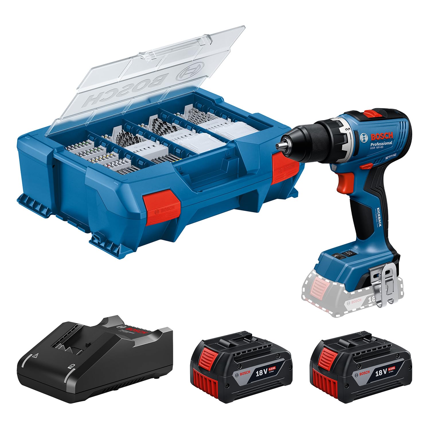 Bosch Professional 18V System Akku-Bohrschrauber GSR 18V-65 (bürstenloser Motor, Kopflänge 166, inkl. 2x Akku ProCORE18V 4.0Ah, 82 tlg. Zubehör, L-Case)