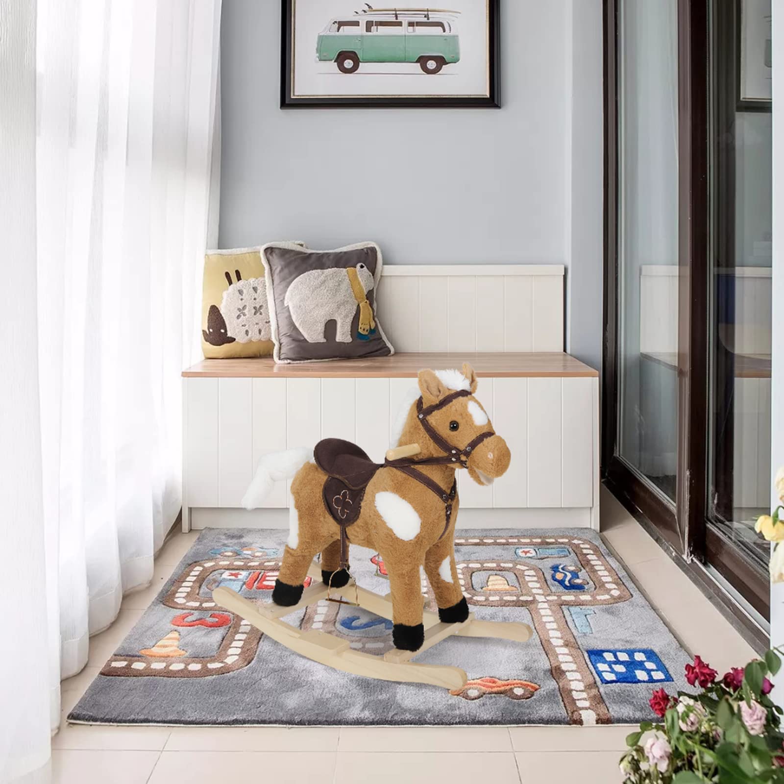 WOLTU Schaukelpferd für Babys, Spielzeug mit Tiergeräuschen und Haltegriffen, aus Plüsch und PP-Baumwolle, 74 x 65 x 34 cm