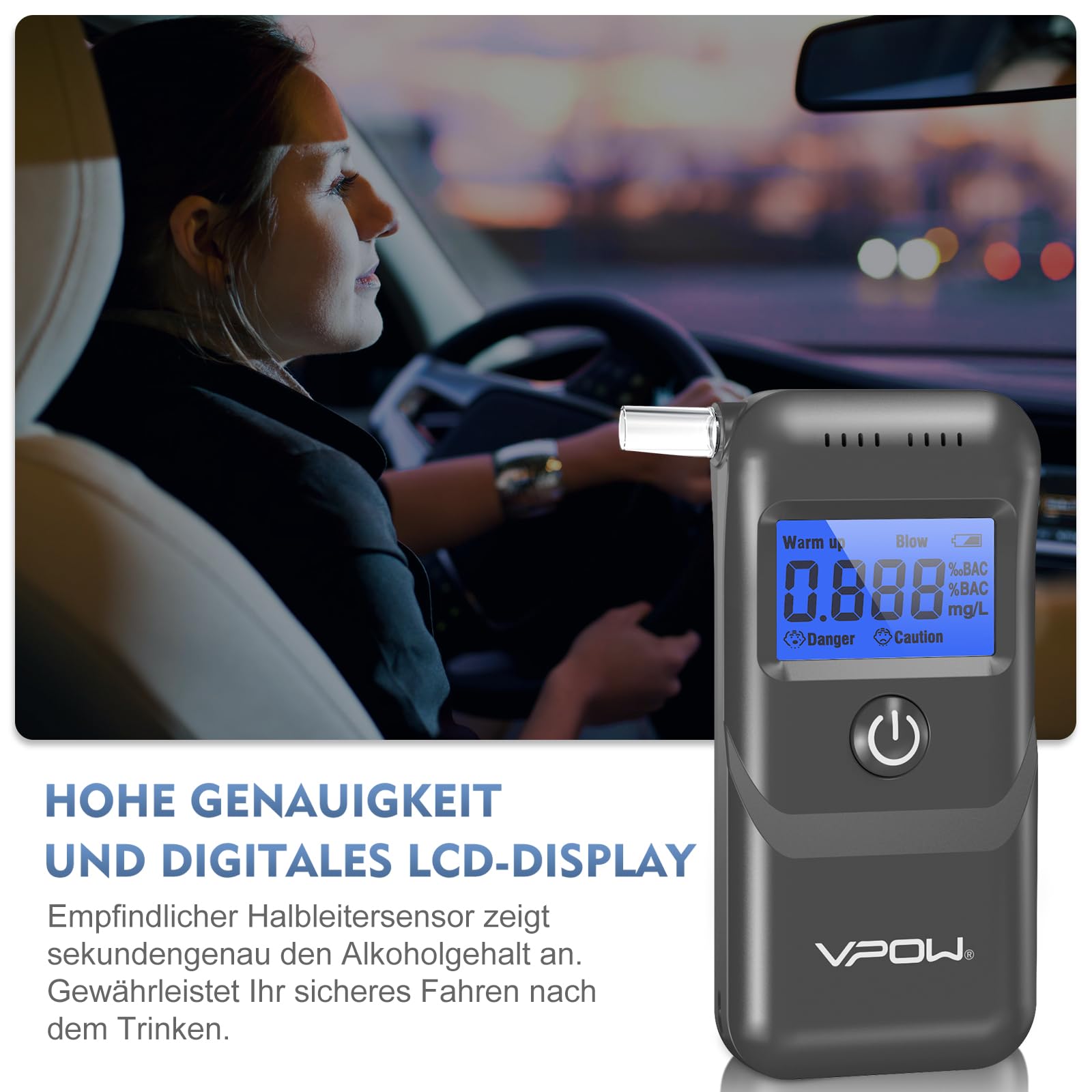 VPOW Alkoholtester, Professioneller Alkoholtester mit digitaler Blauer LCD-Anzeige, Atemalkoholtester mit Gradgenauigkeit für den privaten professionellen Gebrauch zu Hause - Grau