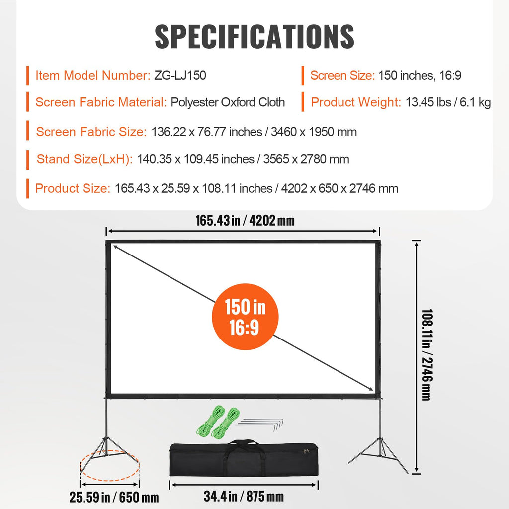 VEVOR Projektion Beamer Leinwand mit Ständer 150 Zoll HD 4K Outdoor Indoor Projektor Screen Schnelles Klappbare Tragbare Filmleinwand 16: 9 für Heimkino, Camping und Freizeitveranstaltungen Schwarz