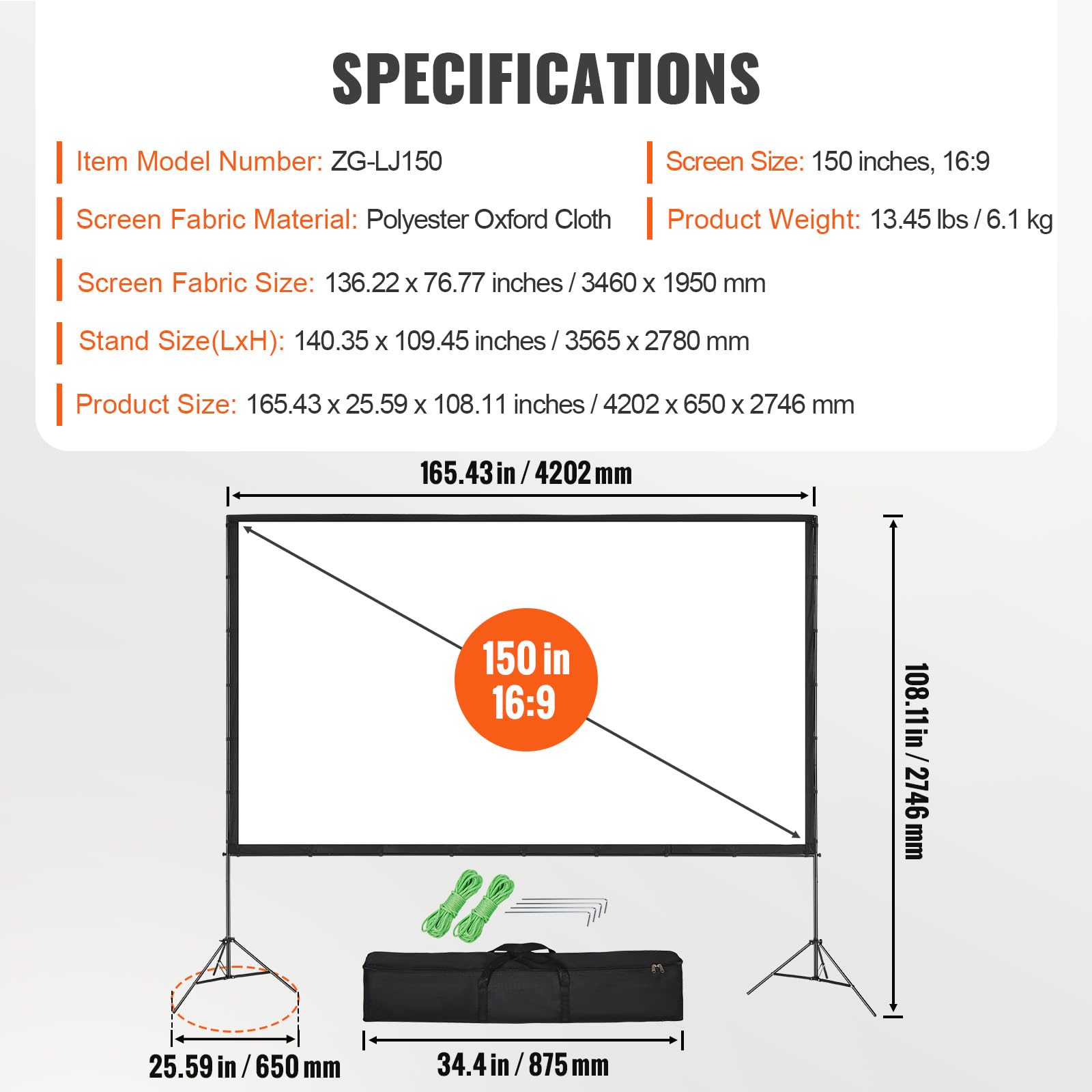 VEVOR Projektion Beamer Leinwand mit Ständer 150 Zoll HD 4K Outdoor Indoor Projektor Screen Schnelles Klappbare Tragbare Filmleinwand 16: 9 für Heimkino, Camping und Freizeitveranstaltungen Schwarz