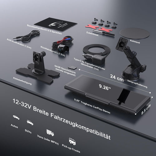 Avylet 9,26" CarPlay Display für Apple CarPlay & Android Auto, 60Hz Carpla mit 4K Dashcam und IP67 Rückfahrkamera, 64GB Karte, OTA-Updates, GPS Navigation, Bluetooth 5.0, Mirror Link, FM/AUX
