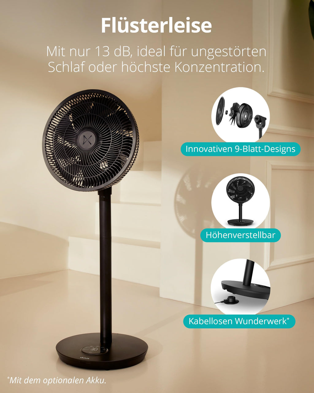Duux Whisper Flex 2 Smart Ventilator – flüsterleise 13 dB – Nachtmodus & Timer – höhenverstellbar (54–92 cm) – energieeffizient ab 2W – App & Fernbedienung – Schwarz
