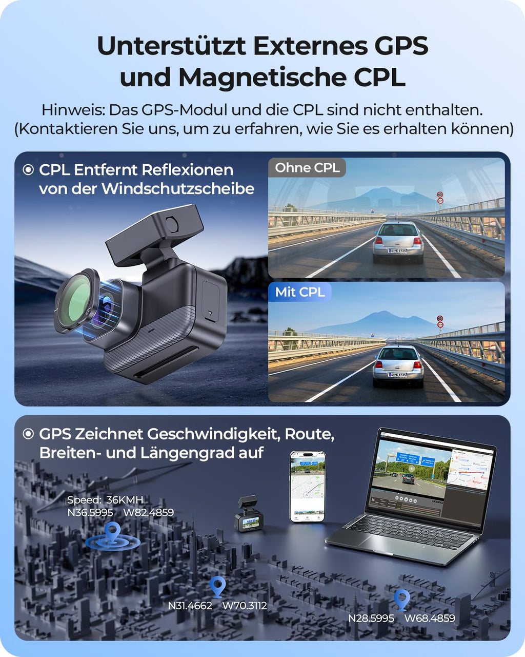 Krunia 2K WiFi Mini Dashcam Auto, Frontkamera mit App, CPL-Unterstützung, Externes GPS, WDR-Nachtsicht, 24Std Parküberwachung, Magnethalterung, Superkondensator, 170° Weitwinkel Kamera