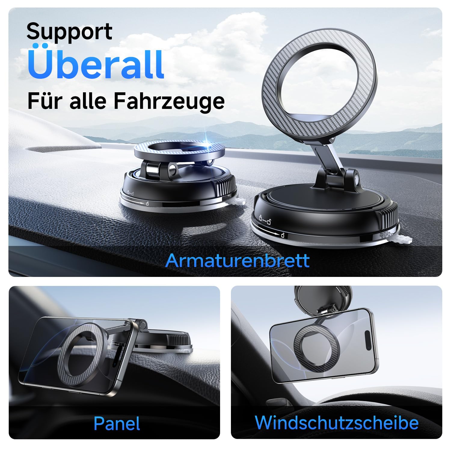 Moeila Vakuum Handyhalterung Auto für Magsafe Autohalterung [mit 78+LBS stärkste Saugkraft & 2400gf stärkster Magnet], 360° Drehbare Handyhalterung Magnet, KFZ Autohalterung für Alle Handys, Schwarz.
