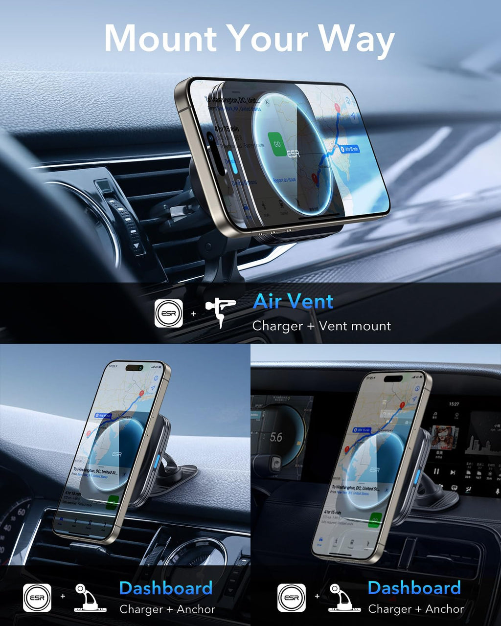 ESR 15W für Magsafe Autohalterung mit Ladefunktion, Handyhalterung Auto Ladegerät, Magnet Kabellose Handyhalterung Auto mit Ladefunktion für iPhone Air/17/16/15/14/13/12, Galaxy S25, Schnellladung