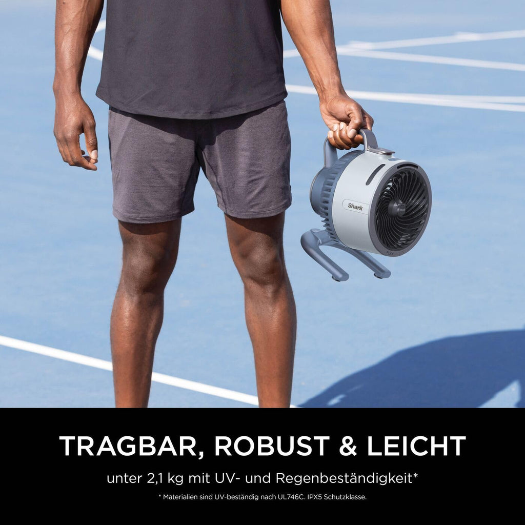 Shark FlexBreeze HydroGo Starker Ventilator mit Sprühnebel, Kühlung für drinnen & draußen, leise & langlebig, kabelgebunden & kabellos, kompakt & leicht,5 Geschwindigkeiten, Gletscher FA050EUBL