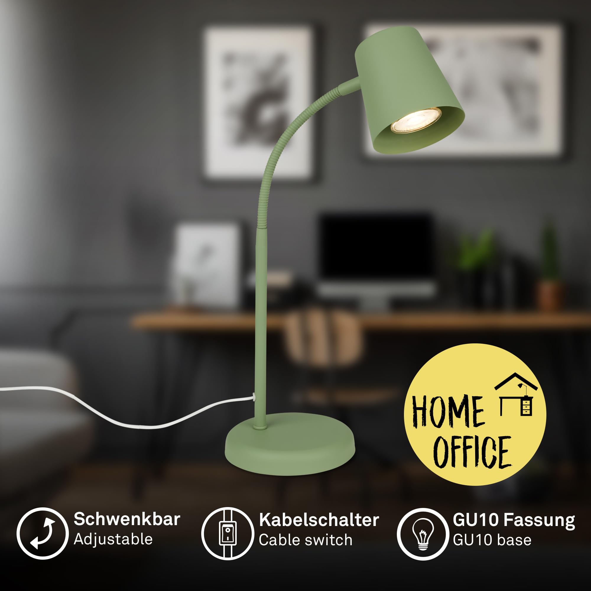 BRILONER – Nachttischlampe, Schreibtischlampe Schwenkbar, Tischlampe GU10 für Home Office mit Kabelschalter, Leselampe, Lindgrün