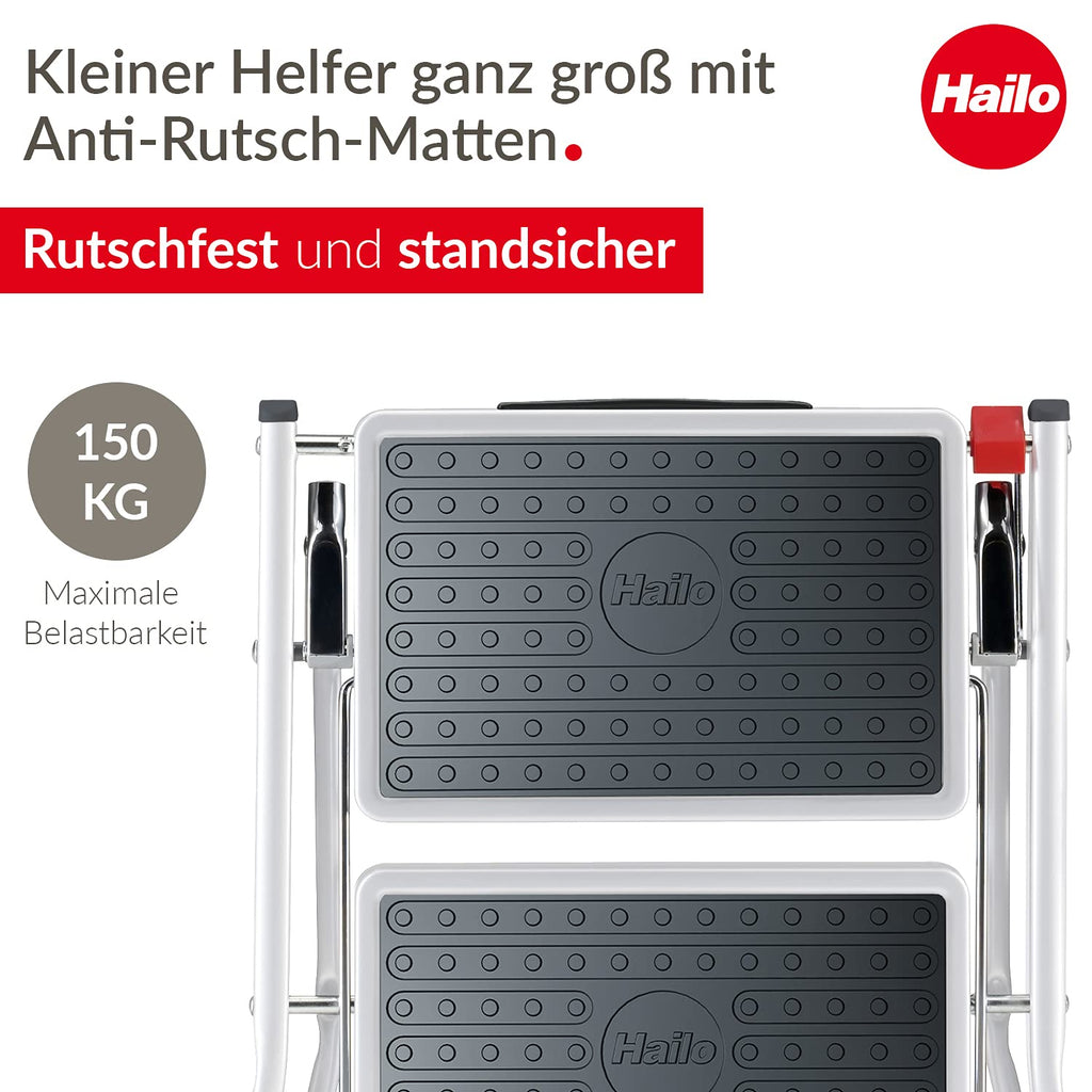 Hailo MK60 Mini Stahl-Trittleiter - 2 große Stufen mit Anti-Rutsch-Matten bis 150kg - Klappsicherung mit Entriegelungstaste - Tragegriff - Klapptrittleiter rostfrei und einfach zu verstauen - weiß
