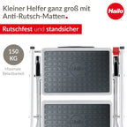Hailo MK60 Mini Stahl-Trittleiter - 2 große Stufen mit Anti-Rutsch-Matten bis 150kg - Klappsicherung mit Entriegelungstaste - Tragegriff - Klapptrittleiter rostfrei und einfach zu verstauen - weiß