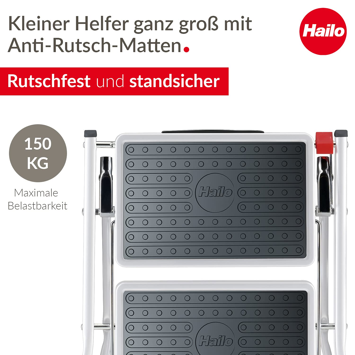Hailo MK60 Mini Stahl-Trittleiter - 2 große Stufen mit Anti-Rutsch-Matten bis 150kg - Klappsicherung mit Entriegelungstaste - Tragegriff - Klapptrittleiter rostfrei und einfach zu verstauen - weiß