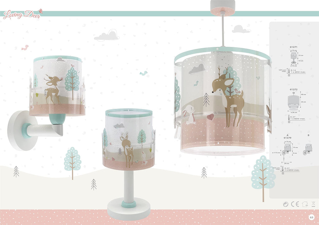 Dalber Kinder Tischlampe Nachttischlampe kinderzimmer Loving Deer Reh Tiere Rosa, 61271, E14