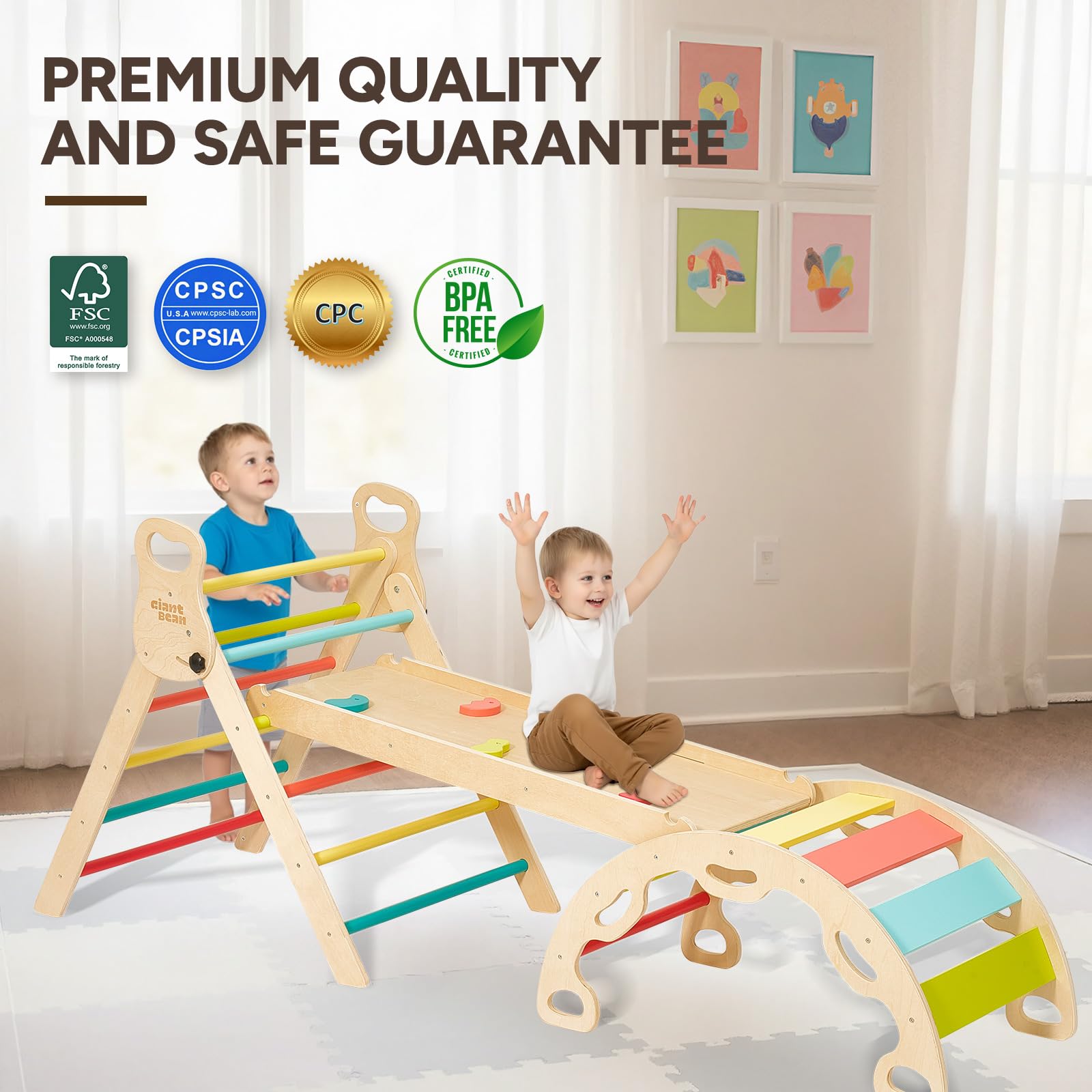 Giant bean 5-in-1 Montessori Kletterdreieck mit Kletterbogen und Rutsche, Holzdreieck für Kleinkinder ab 2-5, Indoor Kletterspielzeug, Regenbogen mit Griff (M)