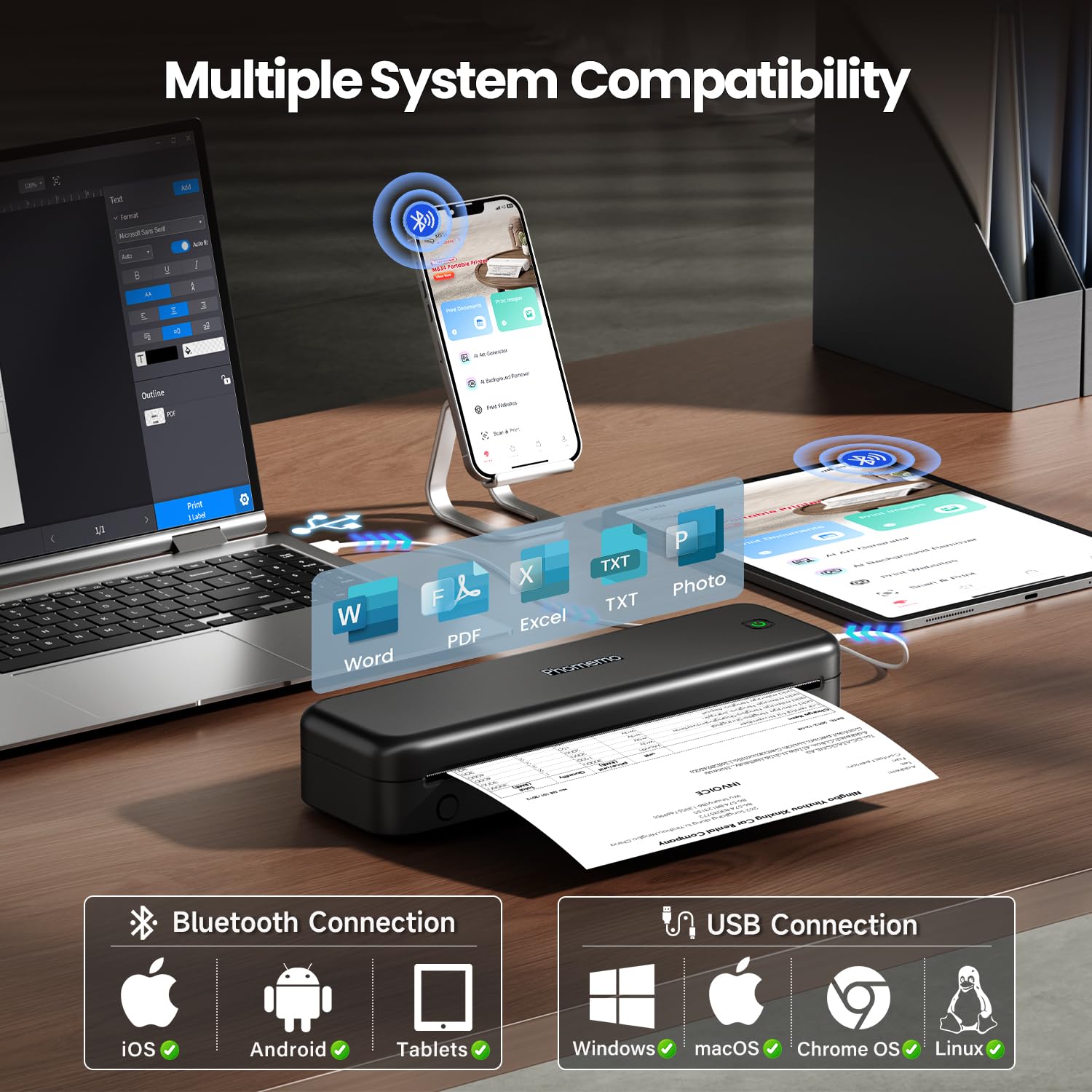 Phomemo M834 Thermodrucker A4, Mobiler Drucker A4 für Unterwegs, Büro, Schule, Zuhause, Kompatibel mit Smartphones und Computern, Tragbarer Drucker mit Tragetasche und 4 Rollen Thermopapier, Schwarz