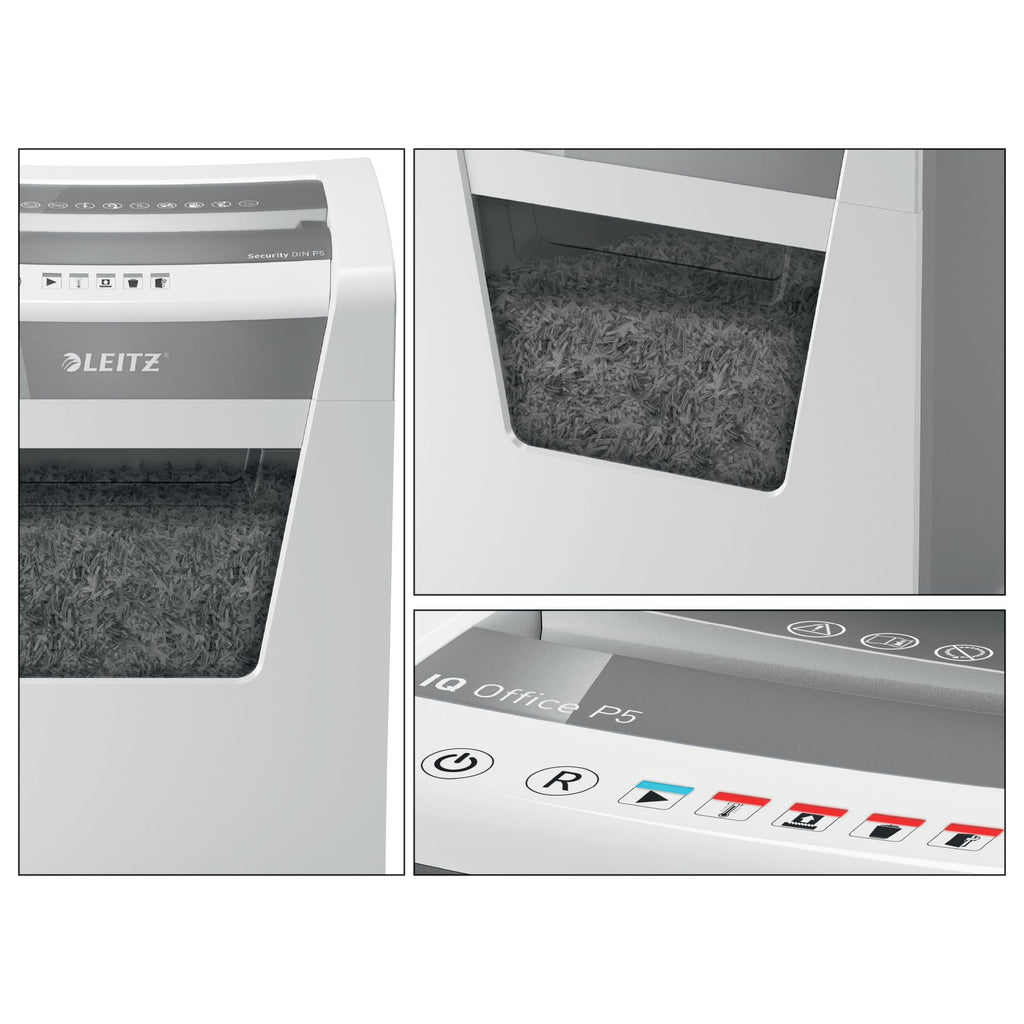Leitz IQ Aktenvernichter Office P5, Mikroschnitt, 11-10 Blatt (70-80 g/m²), TÜV+GS zertifiziert, 2 Stunden Dauerbetrieb, Herausziehbarer 23L Behälter, Sehr leiser Schredder für Büro, Weiß, 80020000