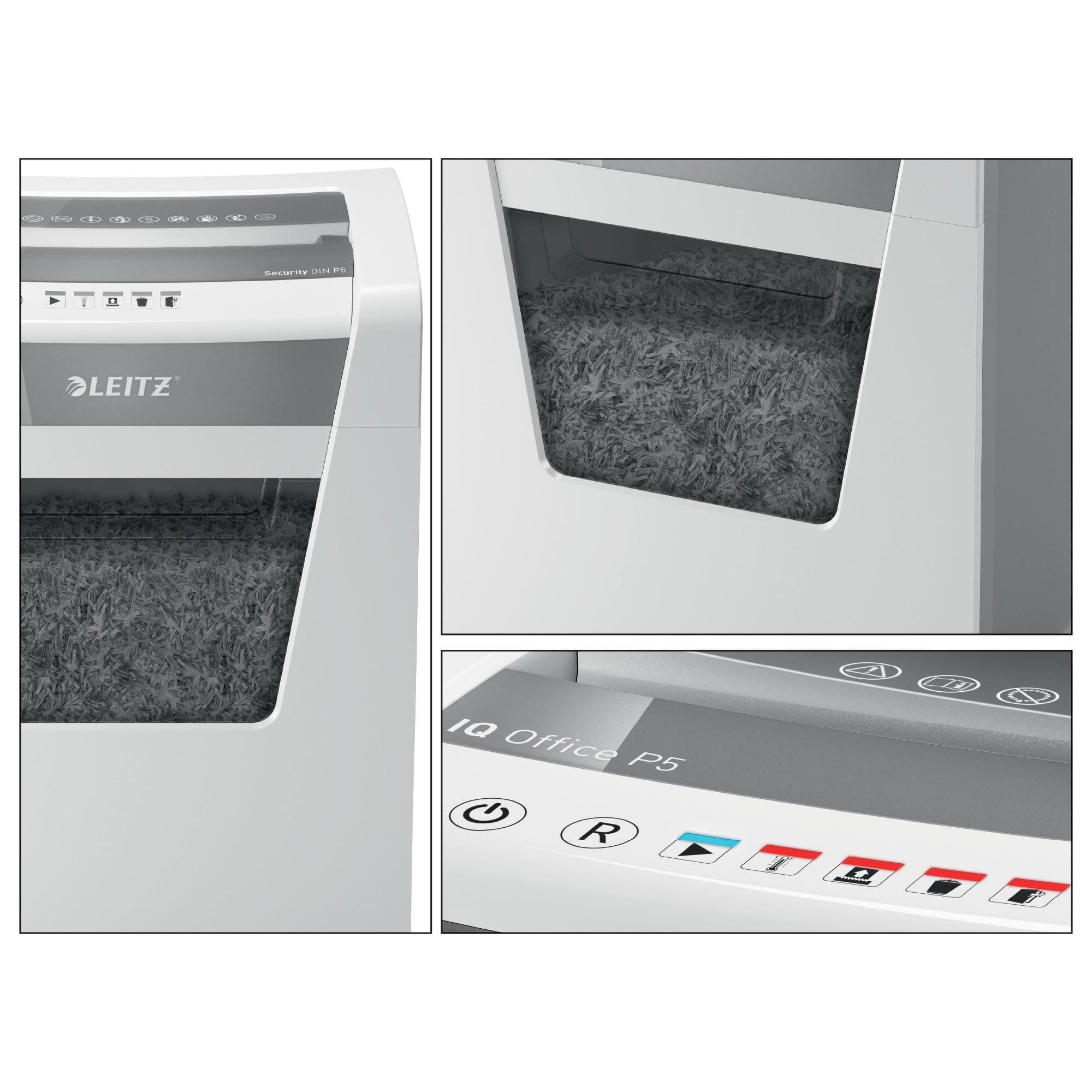 Leitz IQ Aktenvernichter Office P5, Mikroschnitt, 11-10 Blatt (70-80 g/m²), TÜV+GS zertifiziert, 2 Stunden Dauerbetrieb, Herausziehbarer 23L Behälter, Sehr leiser Schredder für Büro, Weiß, 80020000
