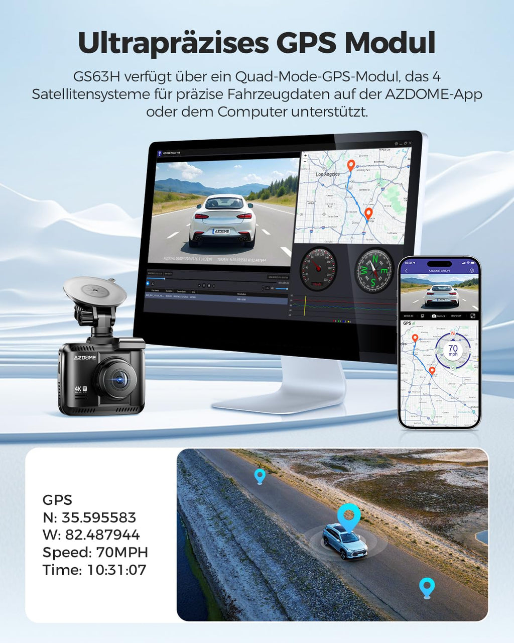 AZDOME Dashcam Auto mit 4K Auflösung, WiFi Autokamera mit GPS, Dash Camera mit Nachtsicht, 170°Weitwinkel, WDR, 2,4" IPS, 24/7 Parküberwachung, Bewegungserkennung, Loop-Aufnahme(GS63H)