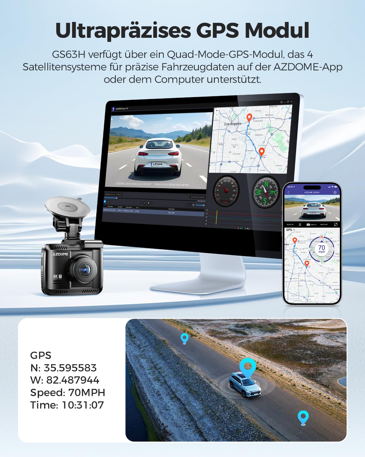 AZDOME Dashcam Auto mit 4K Auflösung, WiFi Autokamera mit GPS, Dash Camera mit Nachtsicht, 170°Weitwinkel, WDR, 2,4" IPS, 24/7 Parküberwachung, Bewegungserkennung, Loop-Aufnahme(GS63H)