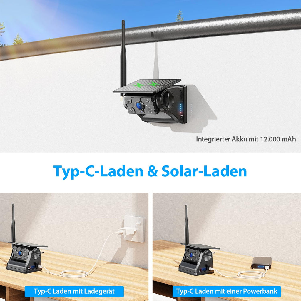 Rückfahrkamera Kabellos Dual Solar Magnetische Rückfahrkamera: 7“ 1080P Touchscreen IPS-Monitor, 12000mAh Akku, 1 Min Einrichtung, IP69K Wasserdicht Rückfahrkameras für Wohnmobile,Anhänger und LKWs