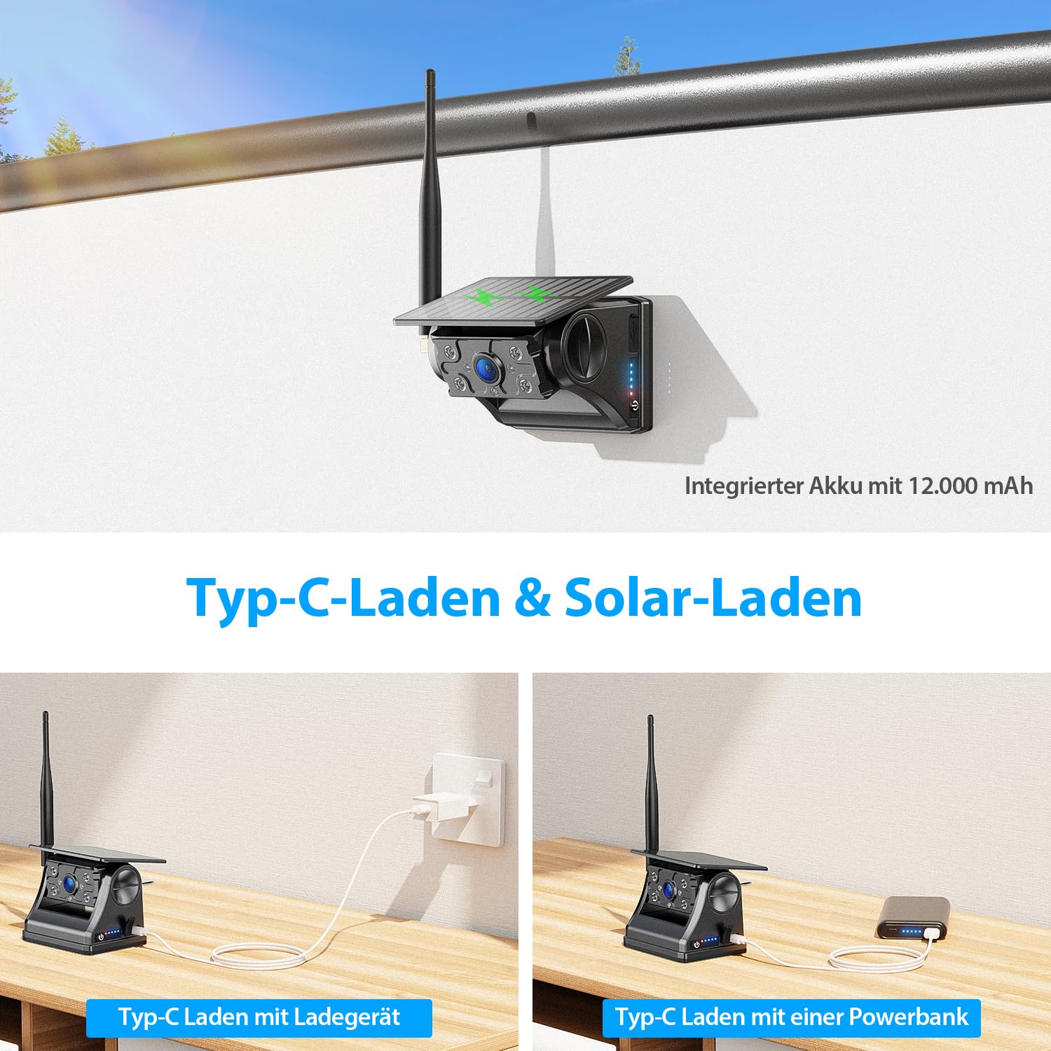 Rückfahrkamera Kabellos Dual Solar Magnetische Rückfahrkamera: 7“ 1080P Touchscreen IPS-Monitor, 12000mAh Akku, 1 Min Einrichtung, IP69K Wasserdicht Rückfahrkameras für Wohnmobile,Anhänger und LKWs