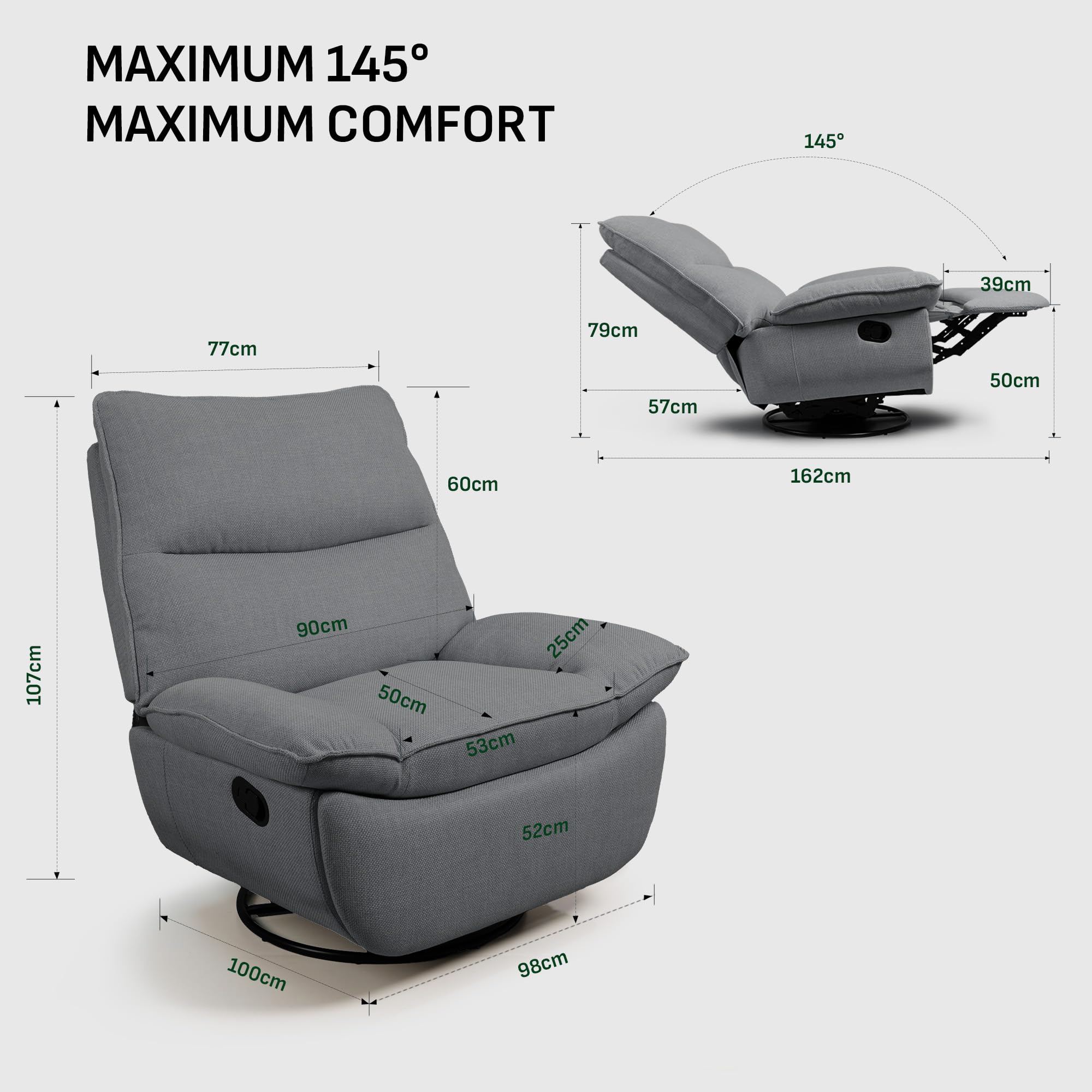 Softa Entspannungssessel, Manueller Schaukelstuhl mit verstellbarer Fußstütze, Seitentaschen, gepolsterte Sitzfläche und Rückenlehne, bequemer Liegesessel für das Wohnzimmer, Grau