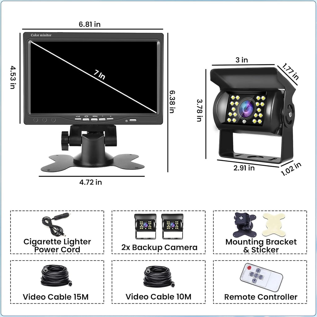 Hikity Rückfahrkamera 2 Kameras Set, 7 Zoll LCD Monitor, Wasserdichtes Rückfahrkamera Nachrüsten Set mit 15M/10M Kabel für Auto LKW Wohnmobil Lieferwagen Anhänger 12V-24V