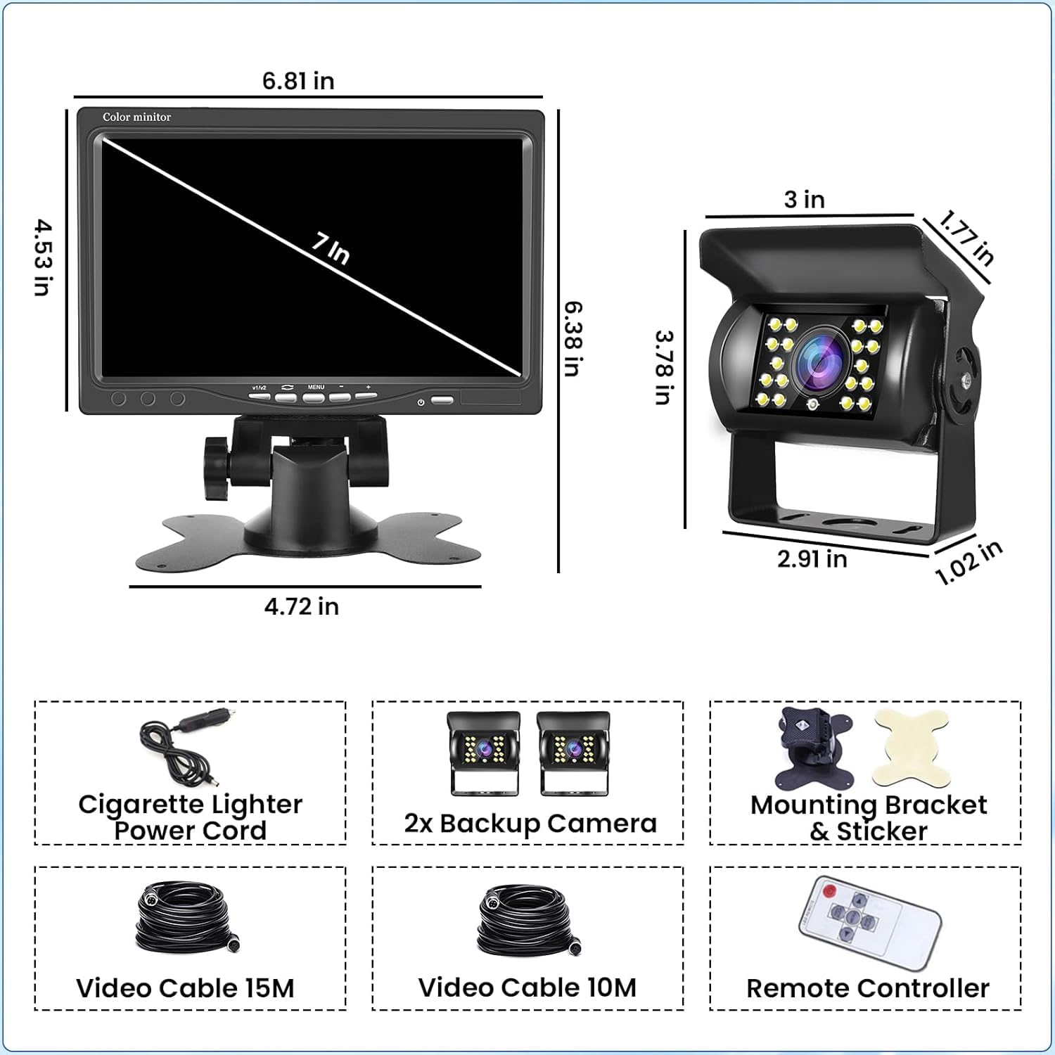 Hikity Rückfahrkamera 2 Kameras Set, 7 Zoll LCD Monitor, Wasserdichtes Rückfahrkamera Nachrüsten Set mit 15M/10M Kabel für Auto LKW Wohnmobil Lieferwagen Anhänger 12V-24V
