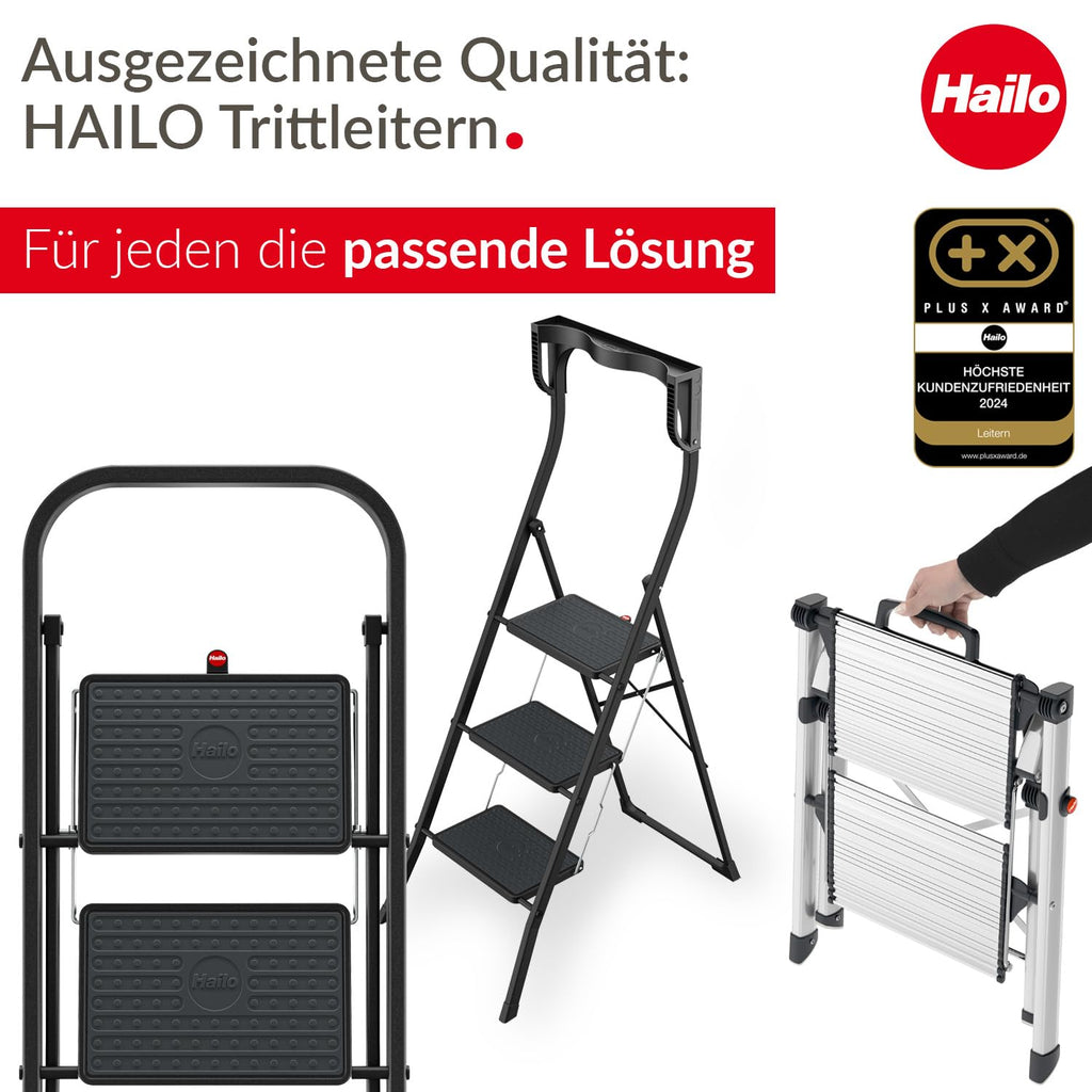 Hailo K44 StandardLine Klapptritt - 2-stufige Trittleiter aus Stahl mit großen Stufen und Anti-Rutsch-Matten - Arbeitshöhe bis 2,46 m - Gewicht: 4,8 kg - Schwarz