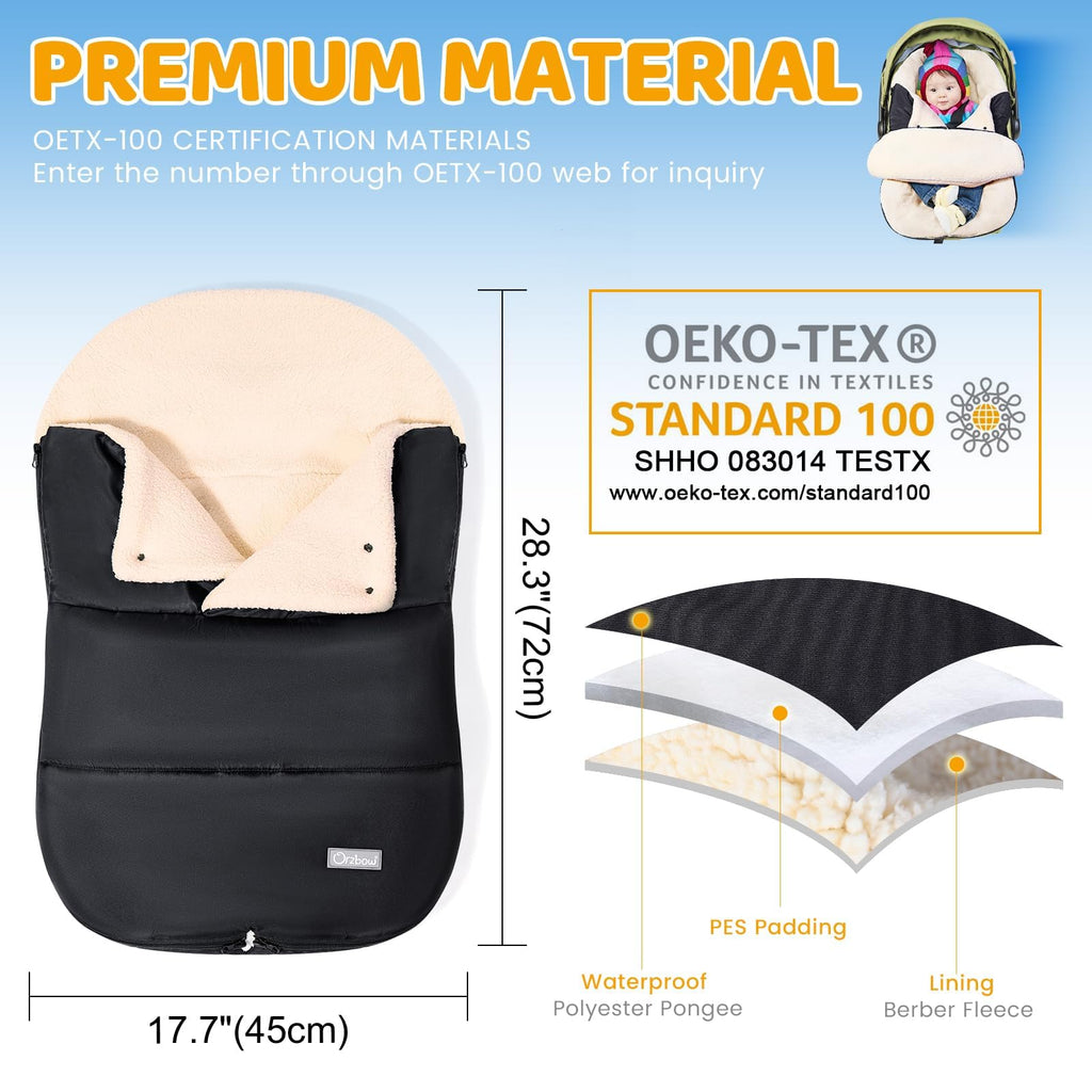 Orzbow Fußsack Babyschale Winter, Universell Einschlagdecke Babyschale Winter mit Verstellbarem Kragen, Warmes Berbervlies Futter, Reißverschluss, passend für Maxi-Cosi, Cybex, Römer usm. (Schwarz)