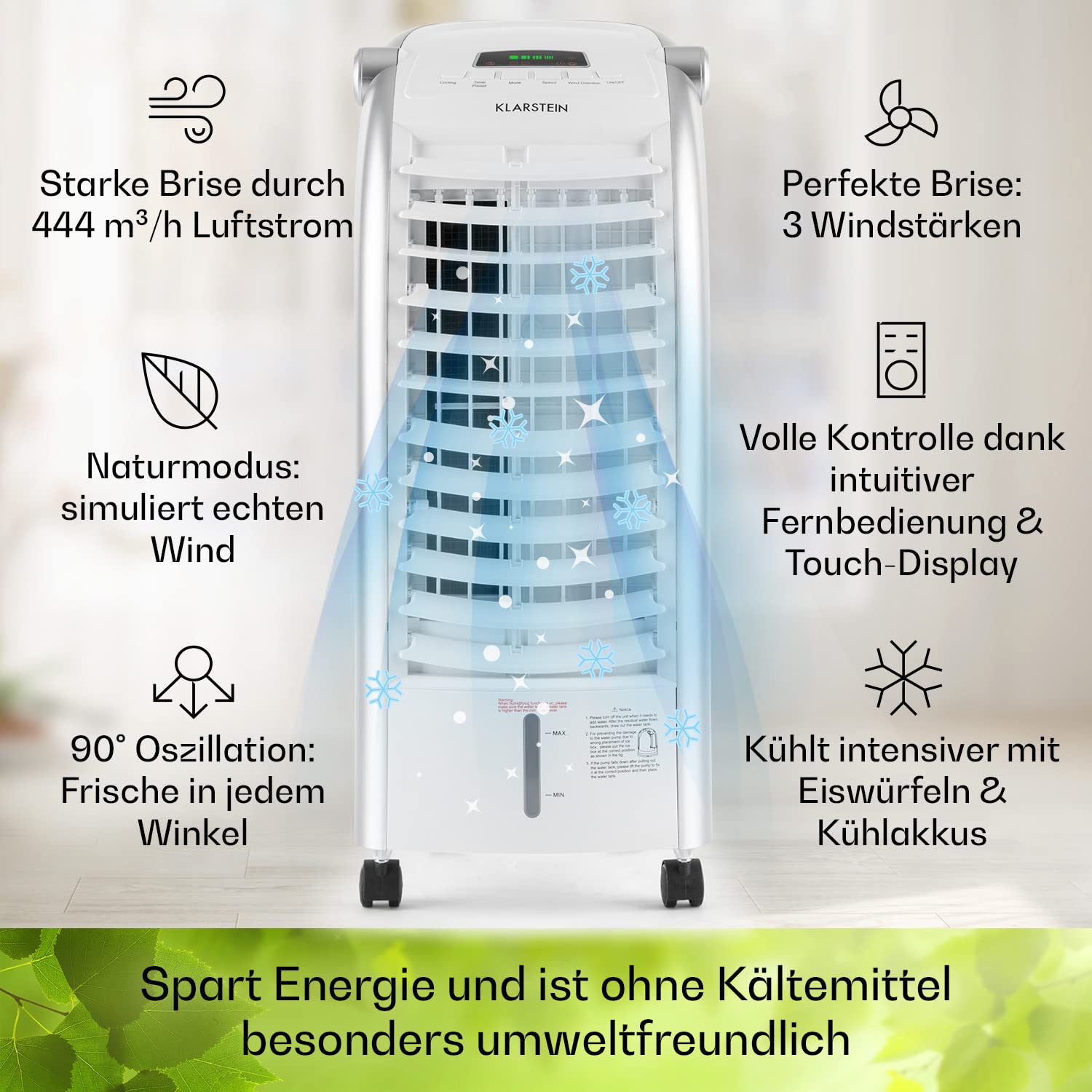 Klarstein Luftkühler mit Wasserkühlung, 4-in-1 Verdunstungskühler, Luftbefeuchter, Ventilator & Nachtmodus, Mobile Klimageräte Luftkühler mit 6L Tank, 65 Watt Air Cooler, 444 m³/h Luftstrom