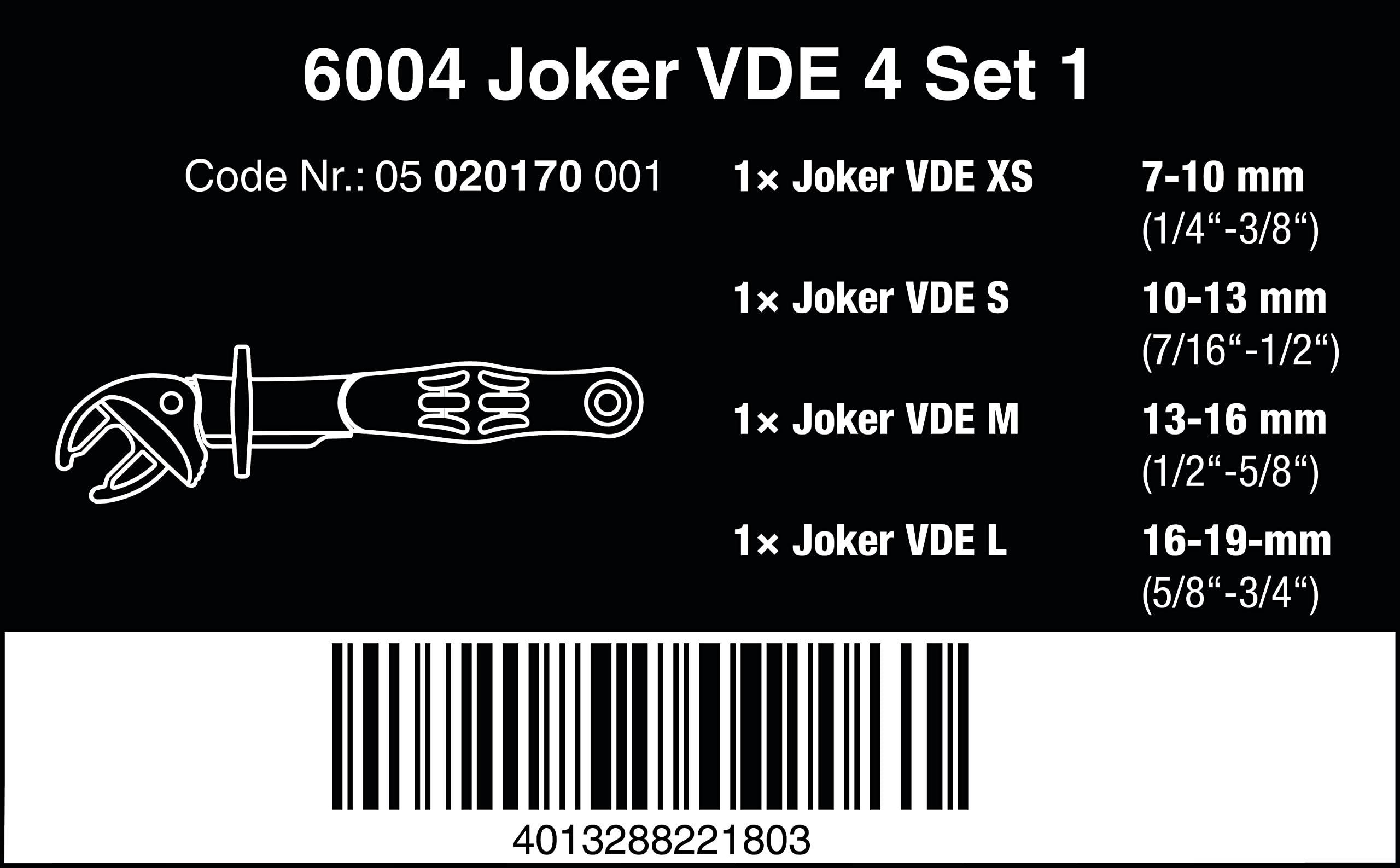 Wera 05020170001 6004 Joker VDE 4 Set 1, VDE-isolierter selbstjustierender Maulschlüssel-Satz, 4-teilig