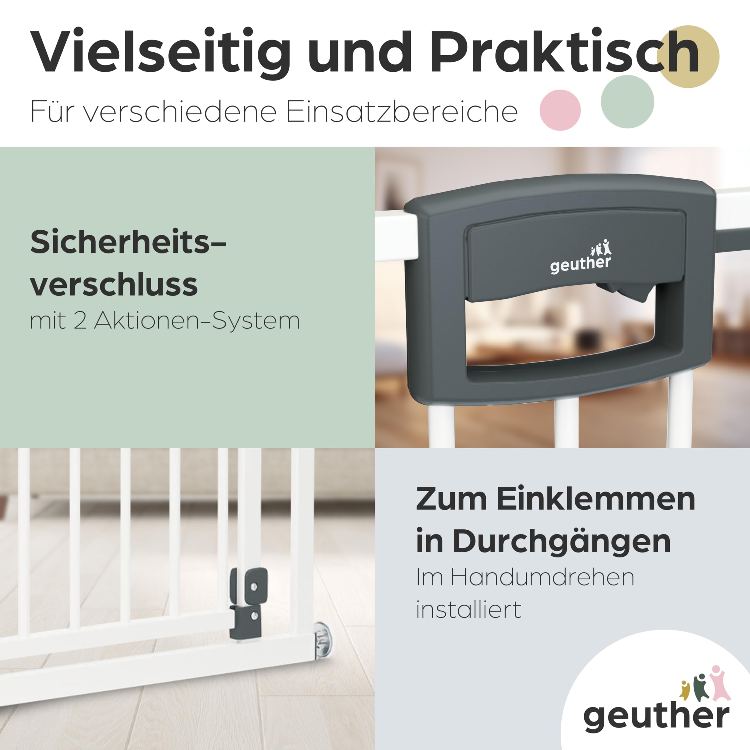 Geuther Türschutzgitter Easylock Plus | Treppenschutzgitter ohne Bohren Breite 68-76 cm | Türgitter Baby Holz-Metall | Kinderschutzgitter beidseitig öffnend | Kindersicherung Tür | Weiß
