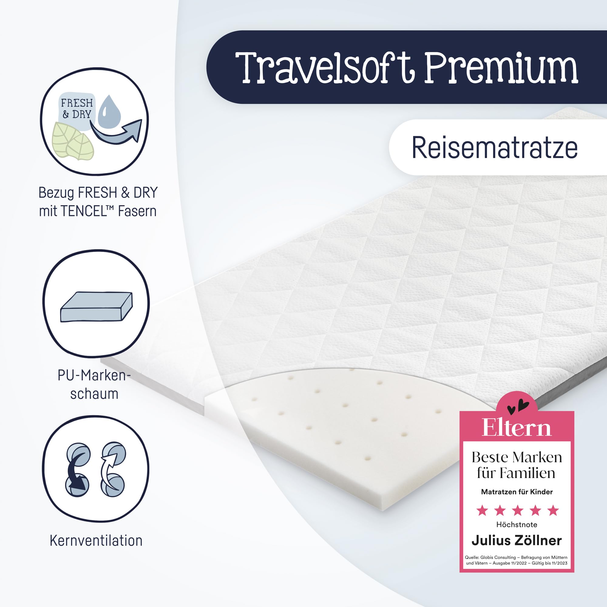 Julius Zöllner Reisebettmatratze Travelsoft Premium, Schadstoffgeprüft nach Standard 100 by OEKO-TEX, 60 x120 cm